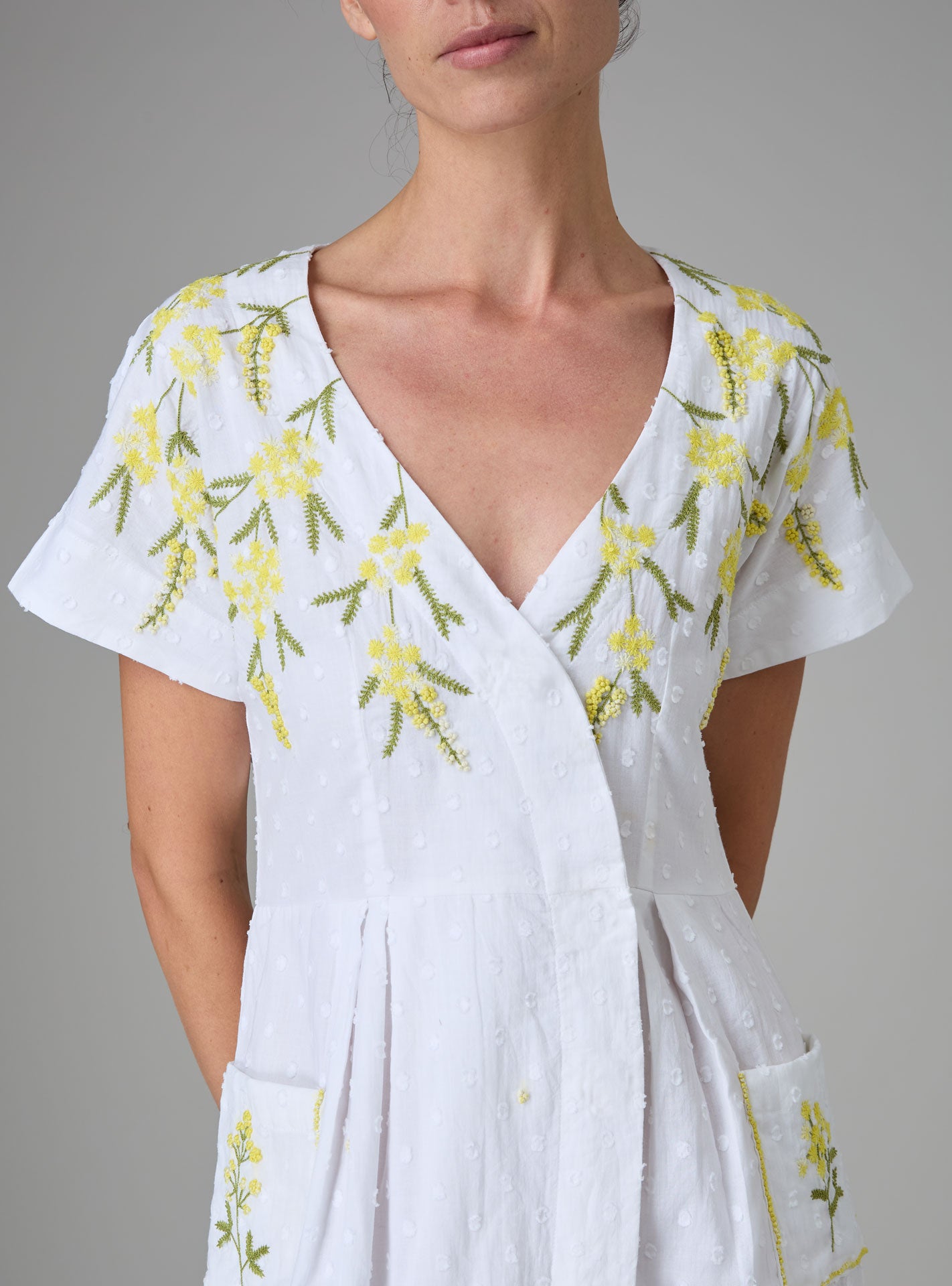 BB Long Dress - Mimosa Embroidery | White & Yellow Elegance