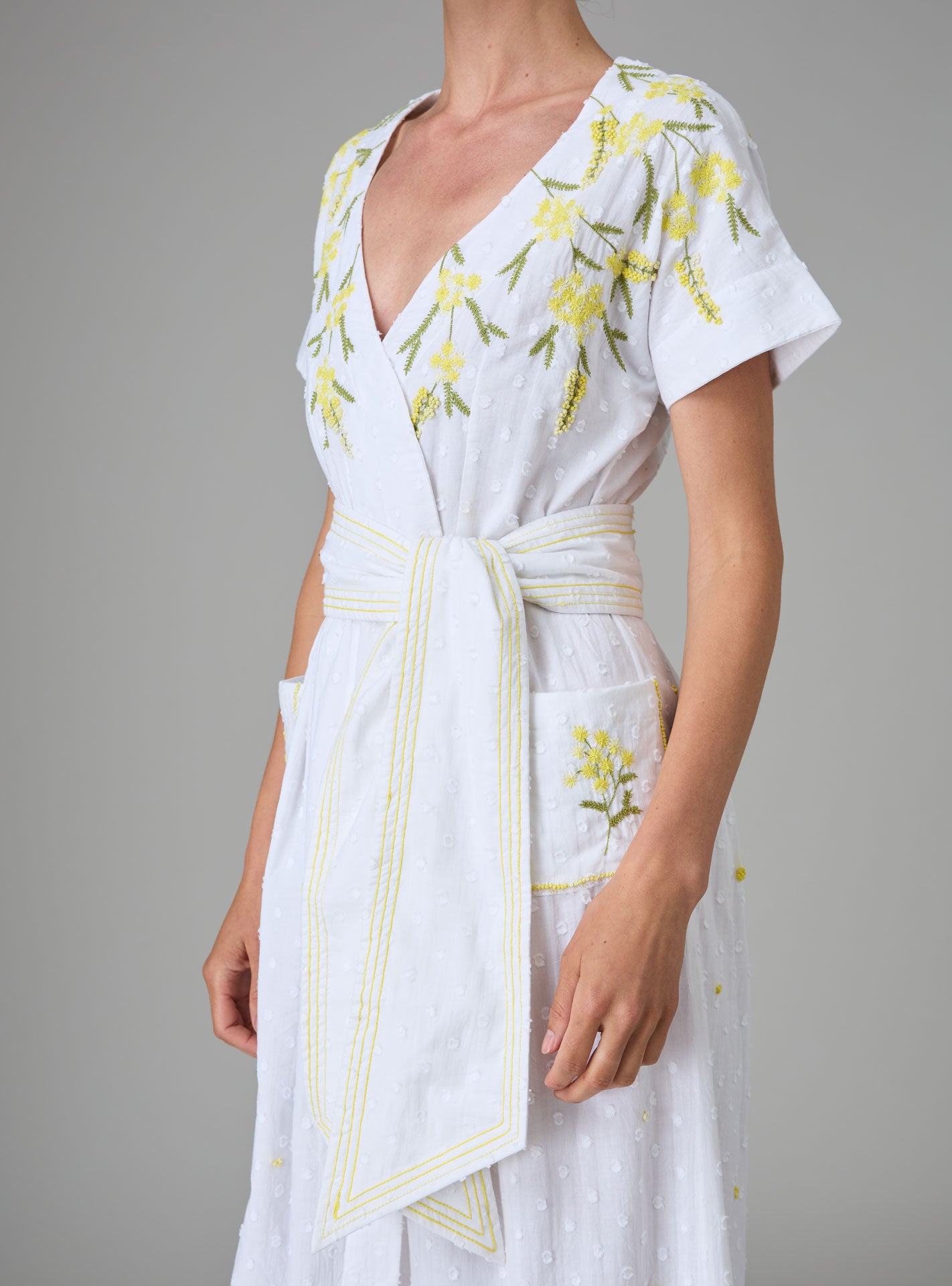 BB Long Dress - Mimosa Embroidery | White & Yellow Elegance