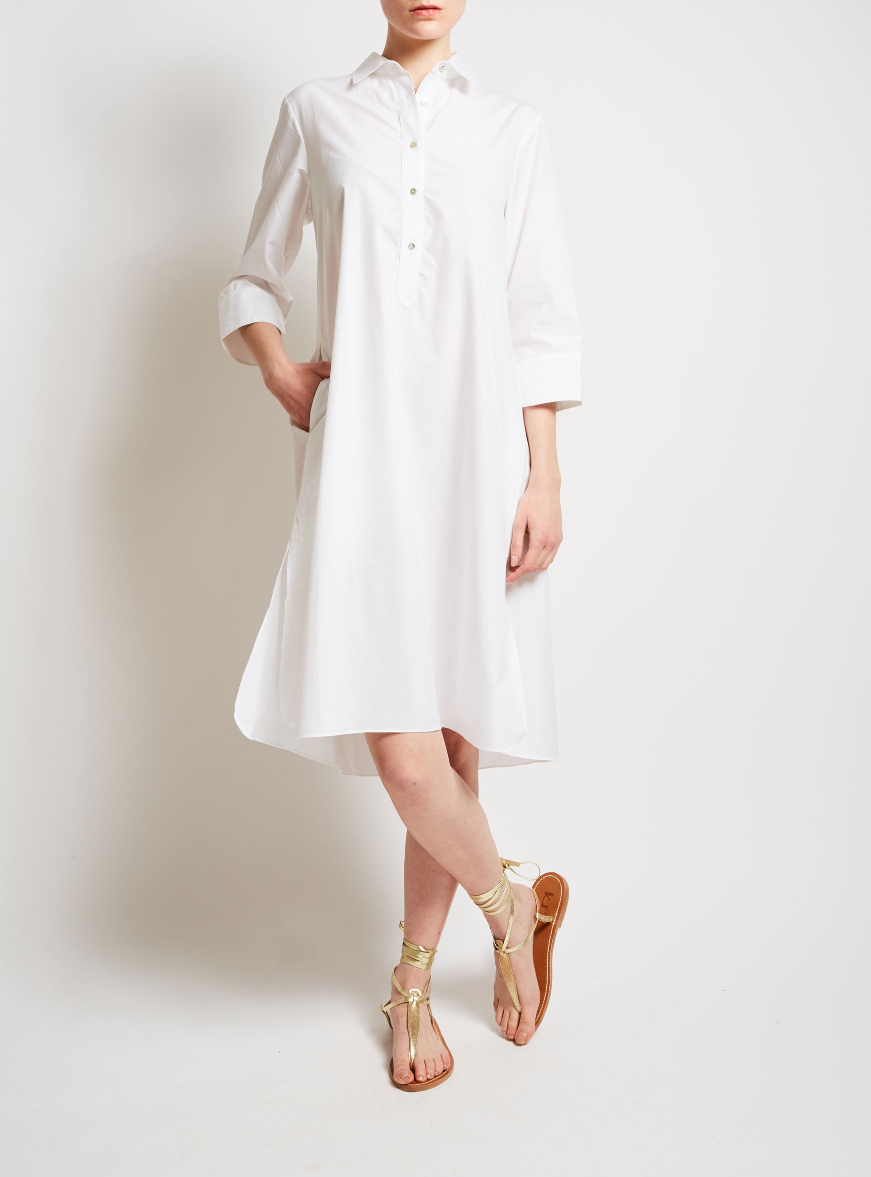 Front view - Iconic Angelica White Shirt knee Dress by Thierry Colson
