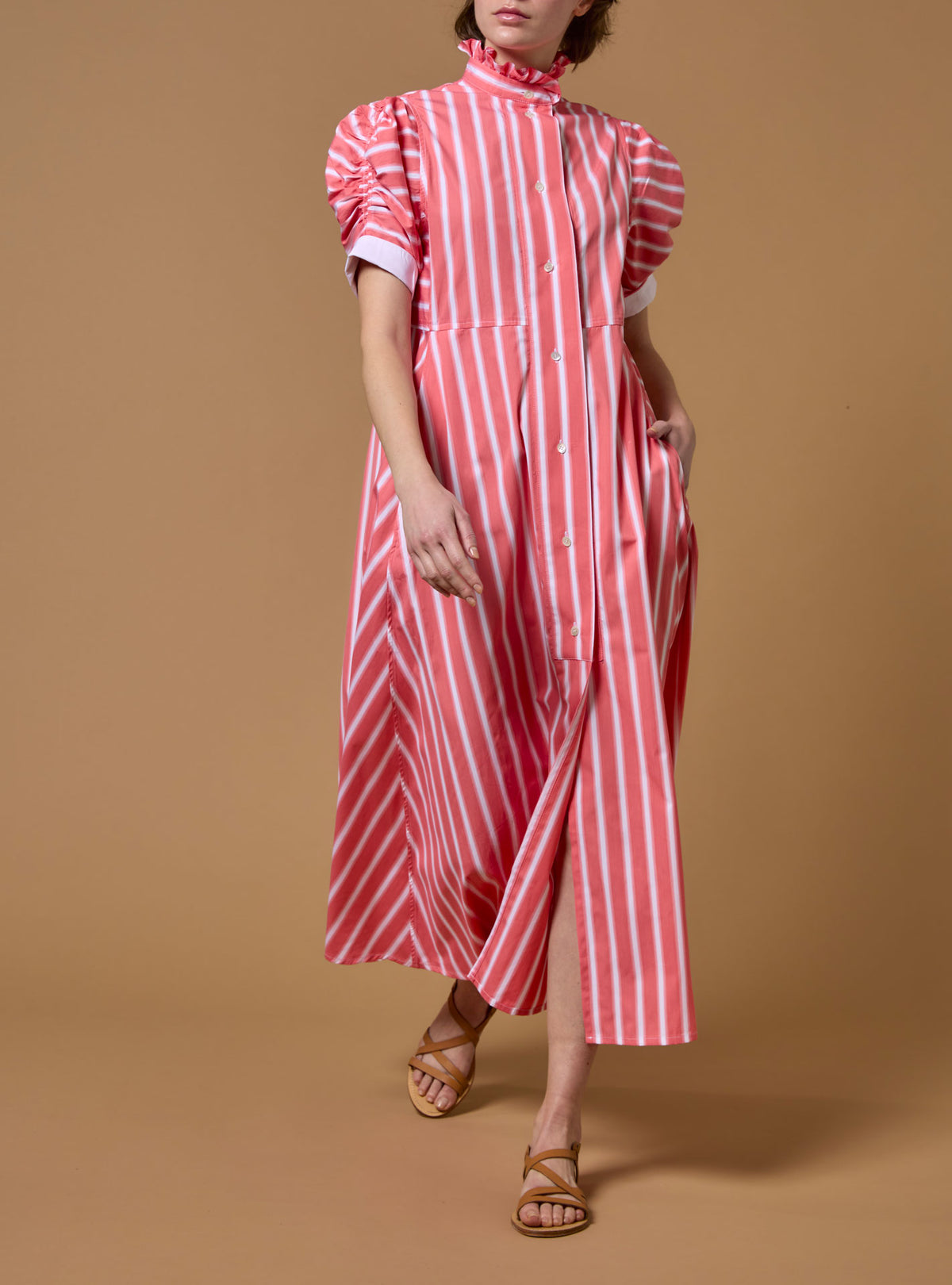 Front view - Venetia Coral Dress - Downing Poplin - Thierry Colson