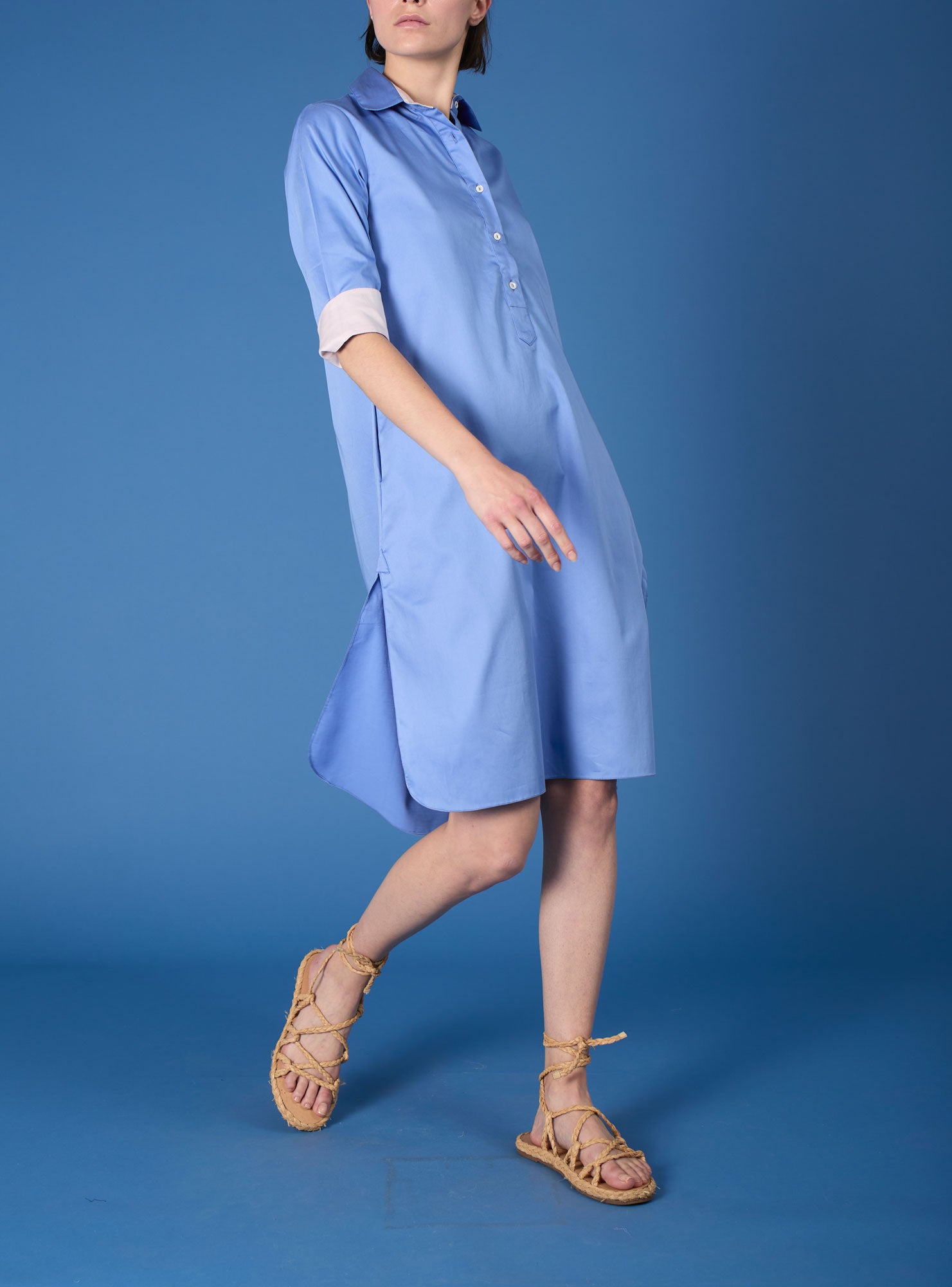Front view of Angelica blue "Pervenche" shirt dress by Thierry Colson