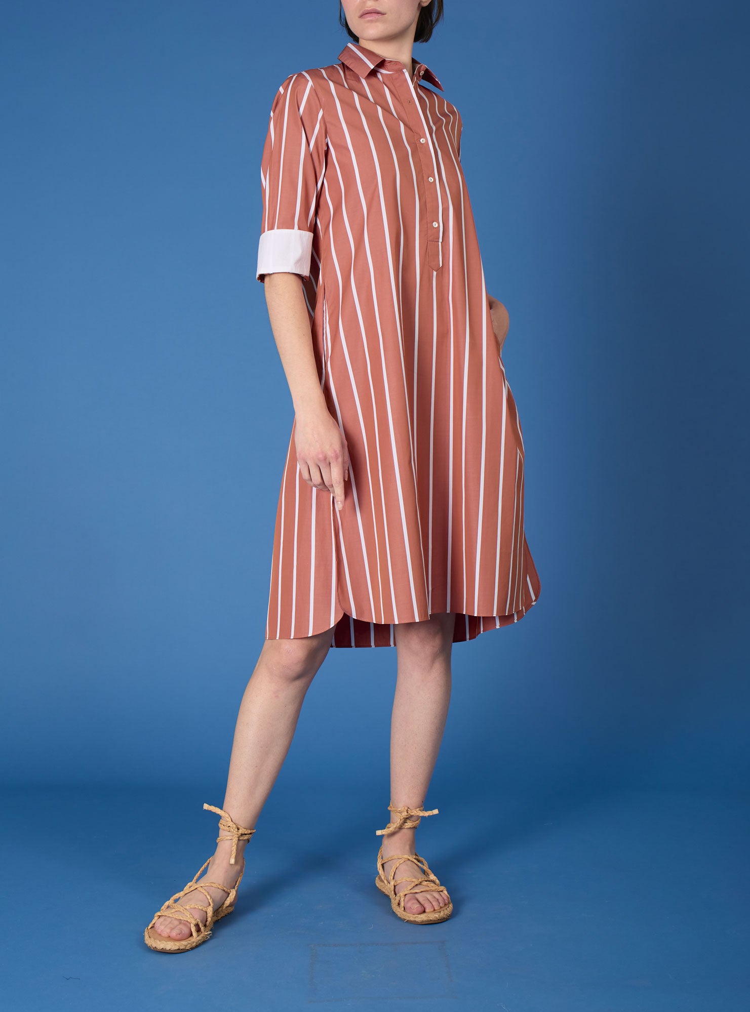 Front view - Angelica brown stripes shirt dress by Thierry Colson