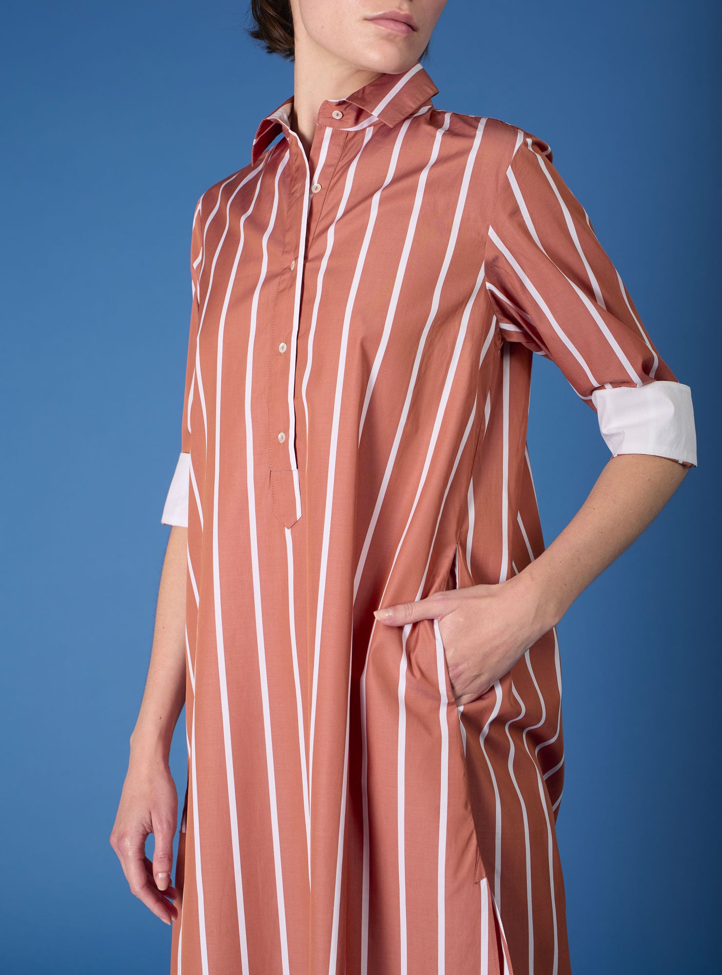 Close Up - Angelica brown stripes shirt dress by Thierry Colson