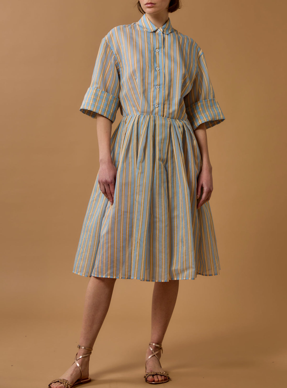 Oriane Knee Dress - Berlingot Stripes - Heaven Blue / Corn