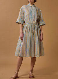 Oriane Knee Dress - Berlingot Stripes - Heaven Blue / Corn