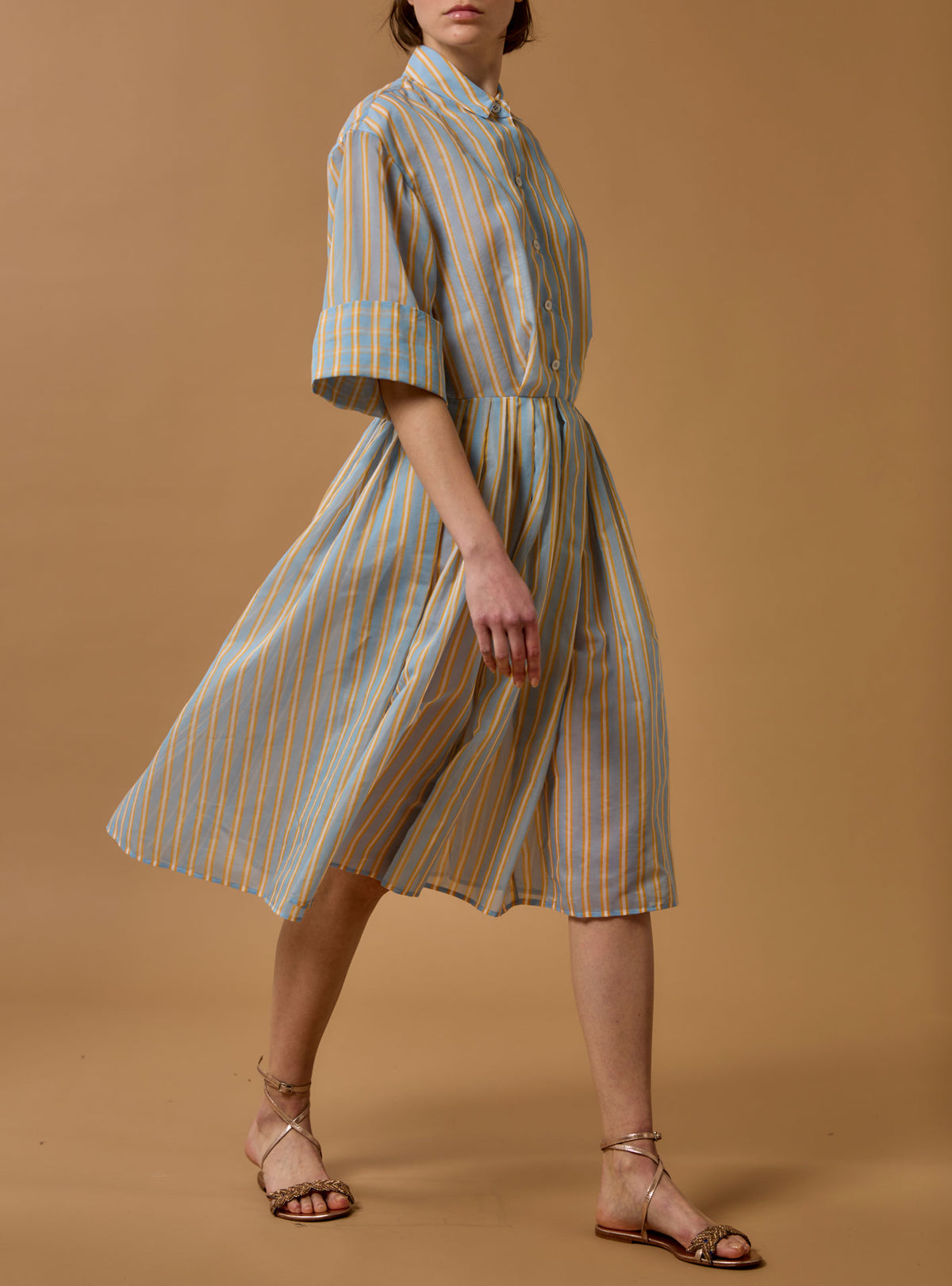 Oriane Knee Dress - Berlingot Stripes - Heaven Blue / Corn
