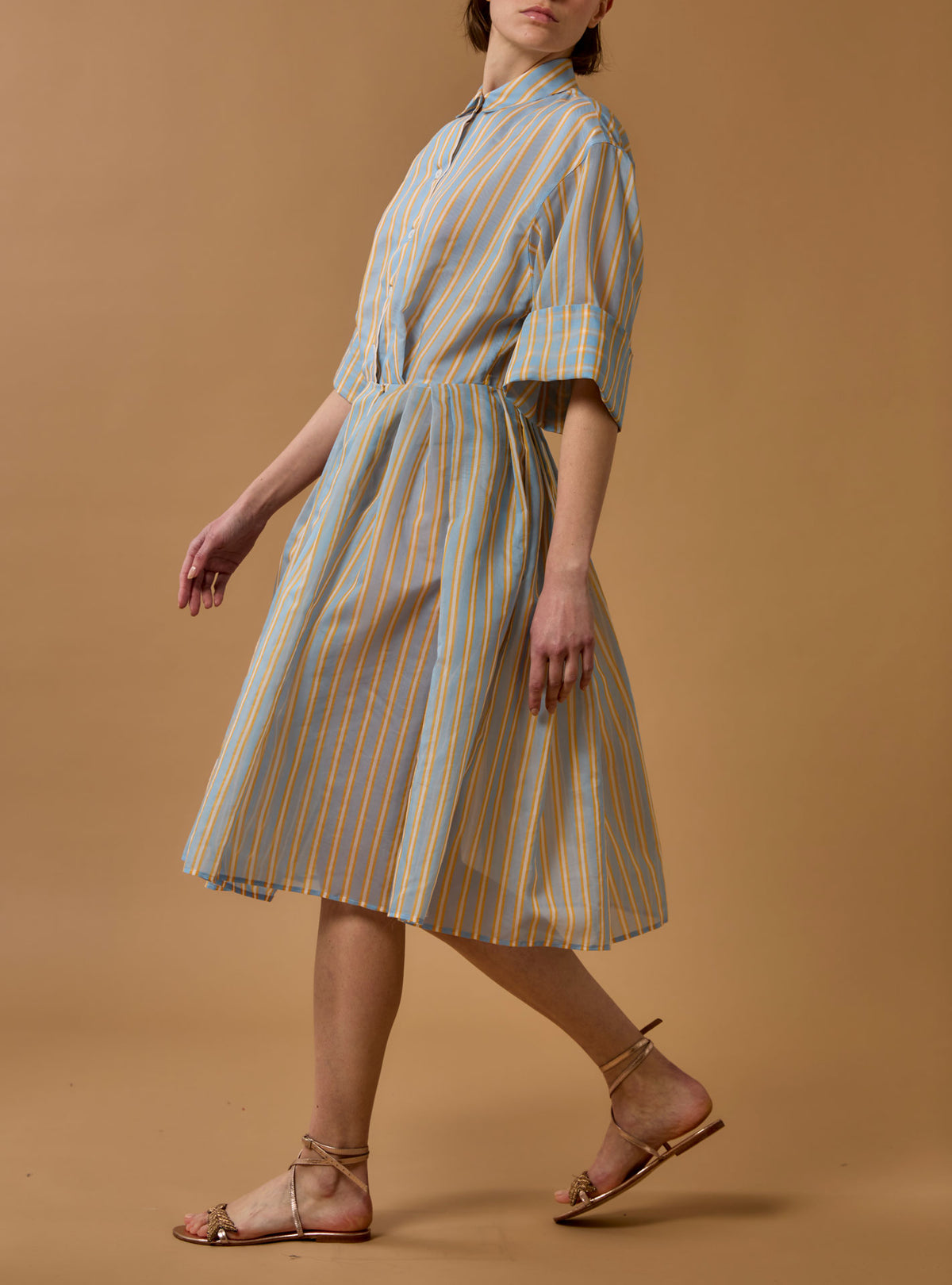 Oriane Knee Dress - Berlingot Stripes - Heaven Blue / Corn
