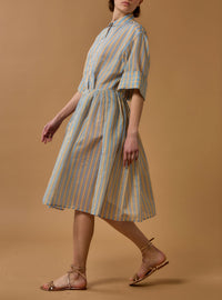 Oriane Knee Dress - Berlingot Stripes - Heaven Blue / Corn