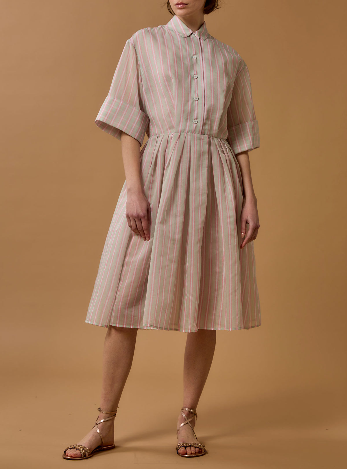 Oriane Knee Dress - Berlingot Stripes - Mint / Pink