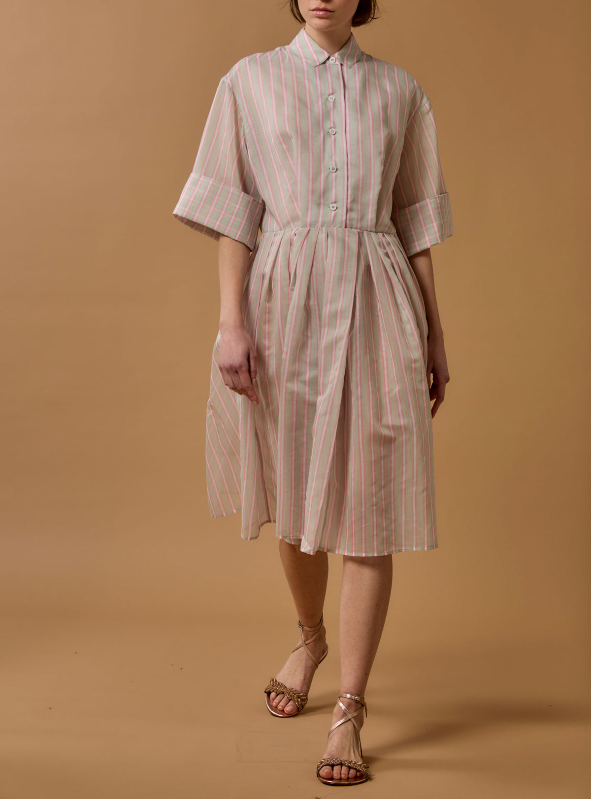 Oriane Knee Dress - Berlingot Stripes - Mint / Pink