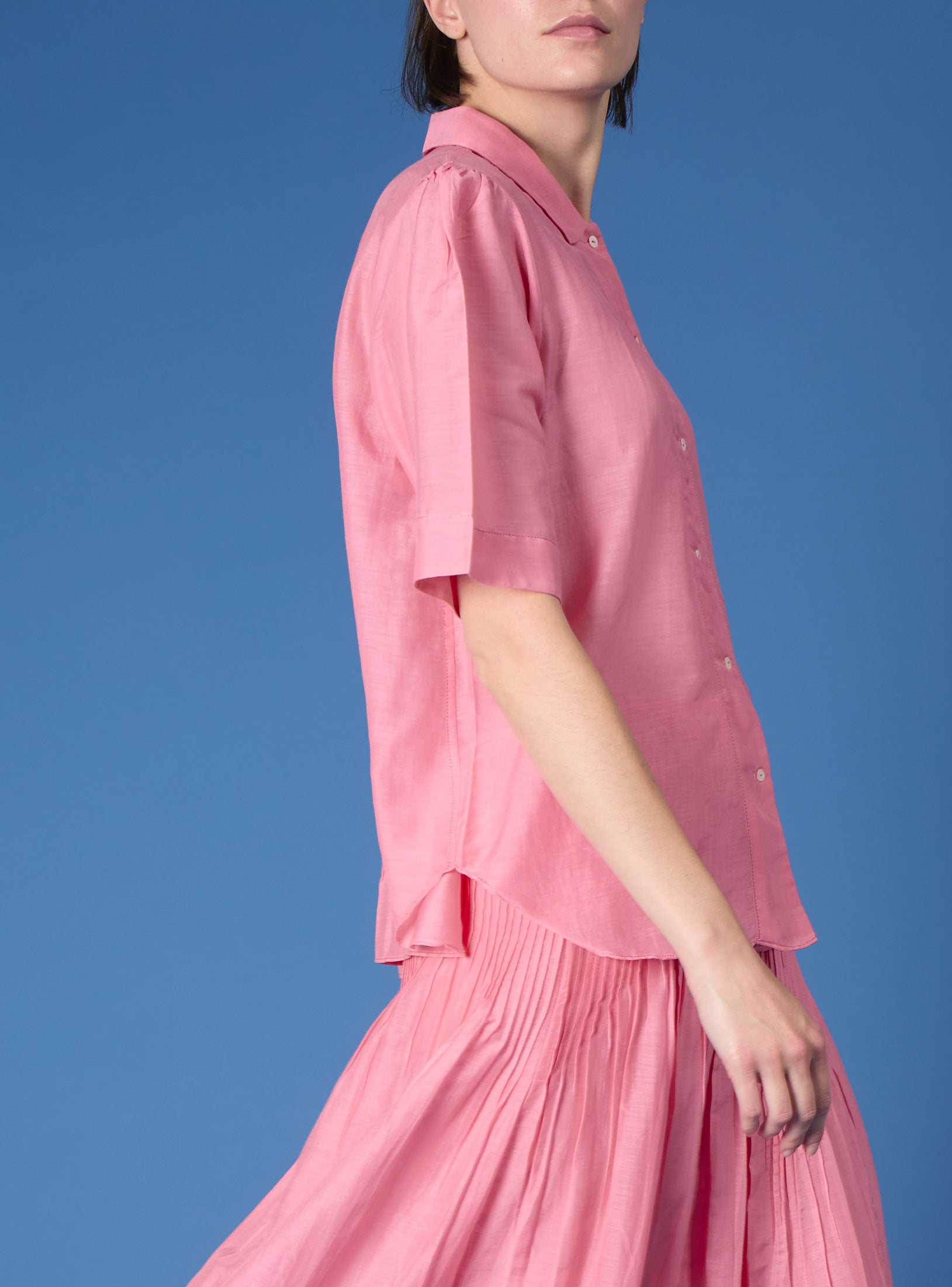 Side view Betty Candy Pink Shirt by Thierry Colson
