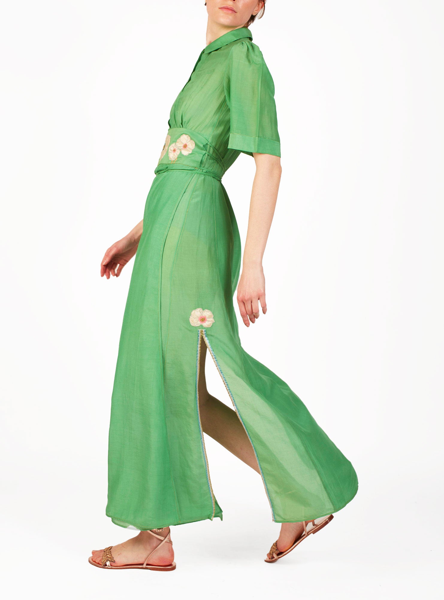 Side view Betty Veridian Green long Dress for summer by Thierry Colson