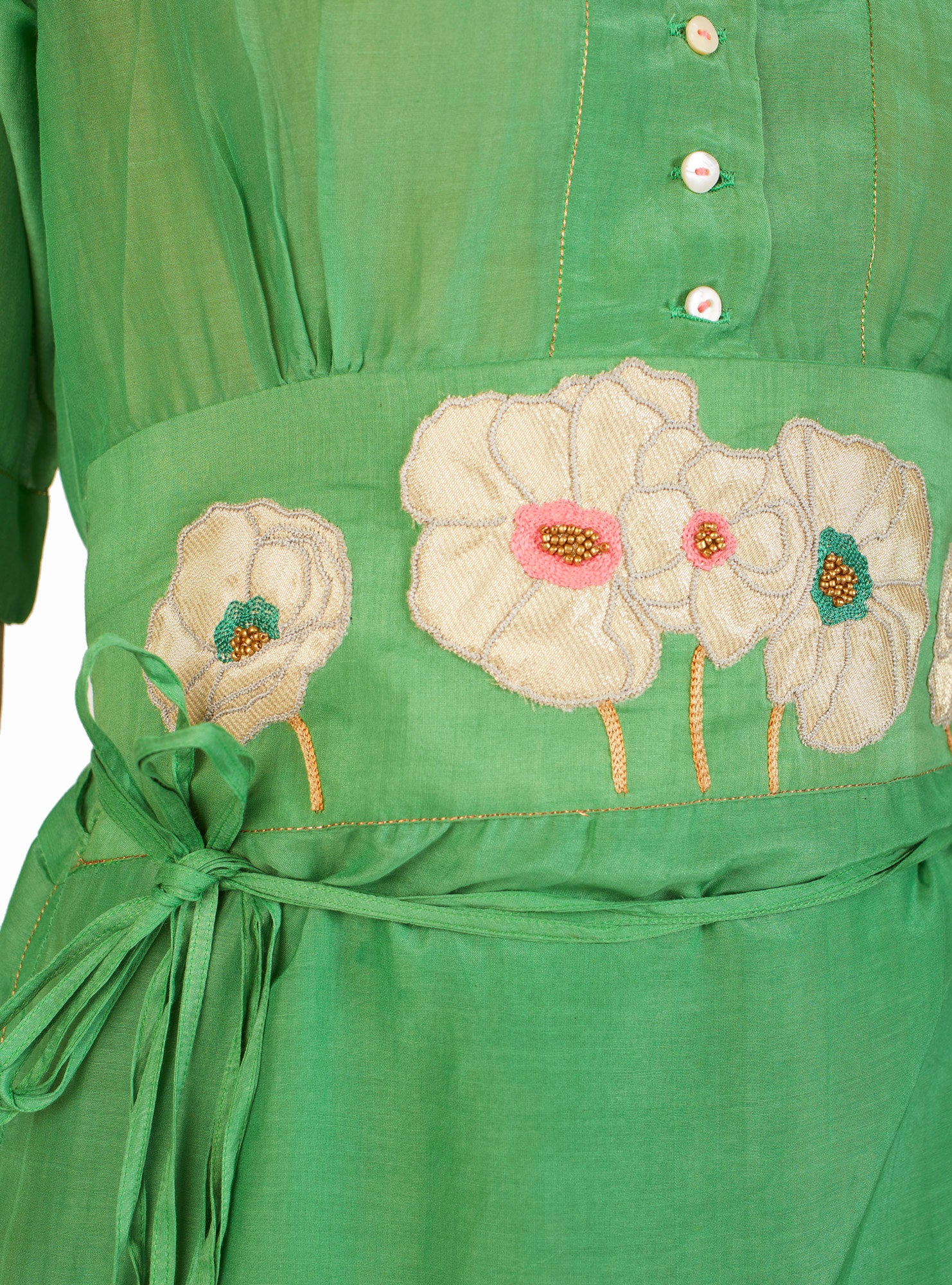 Belt detail view Betty Veridian Green long Dress for summer by Thierry Colson