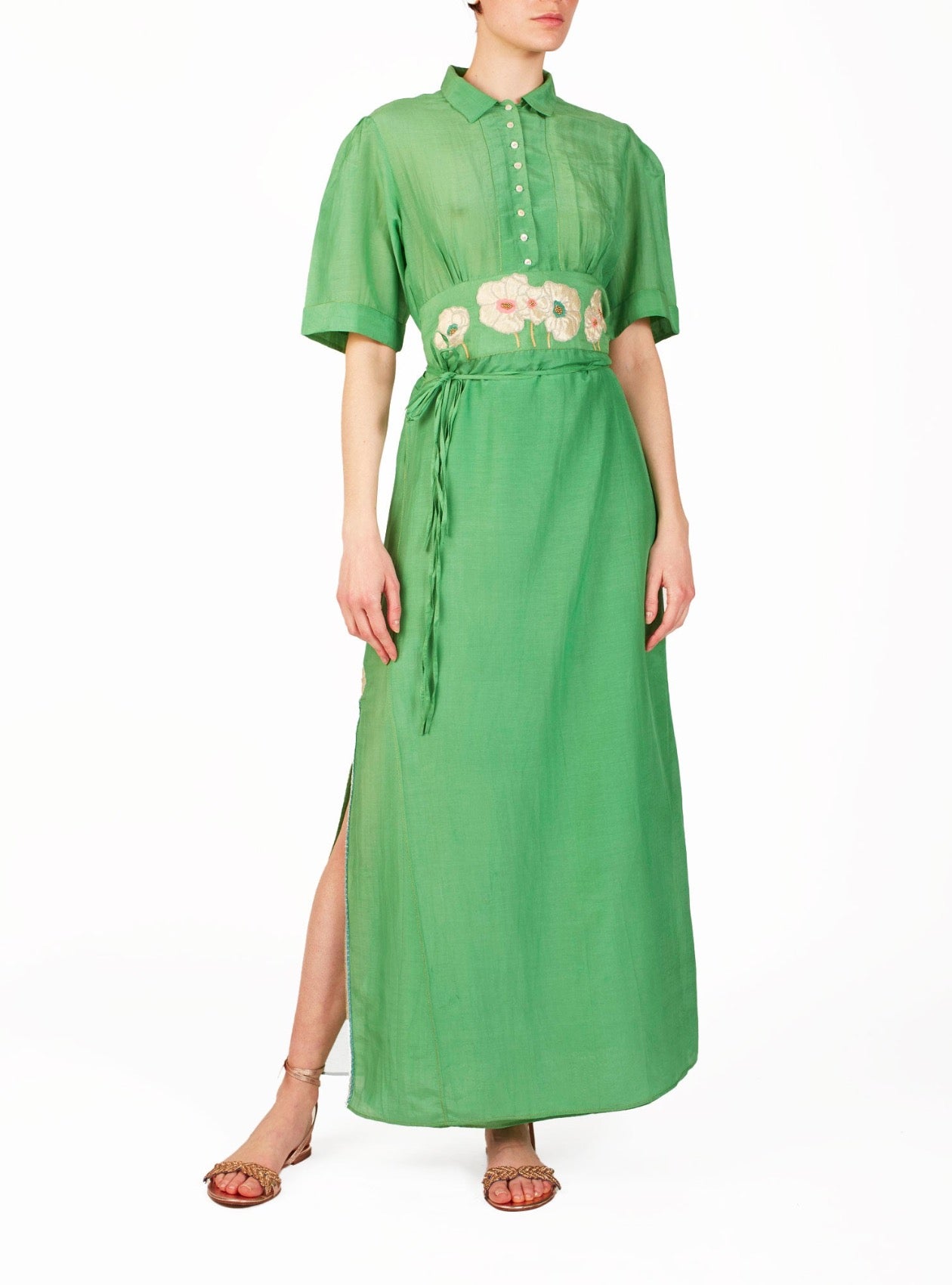 Front view Betty Veridian Green long Dress for summer by Thierry Colson