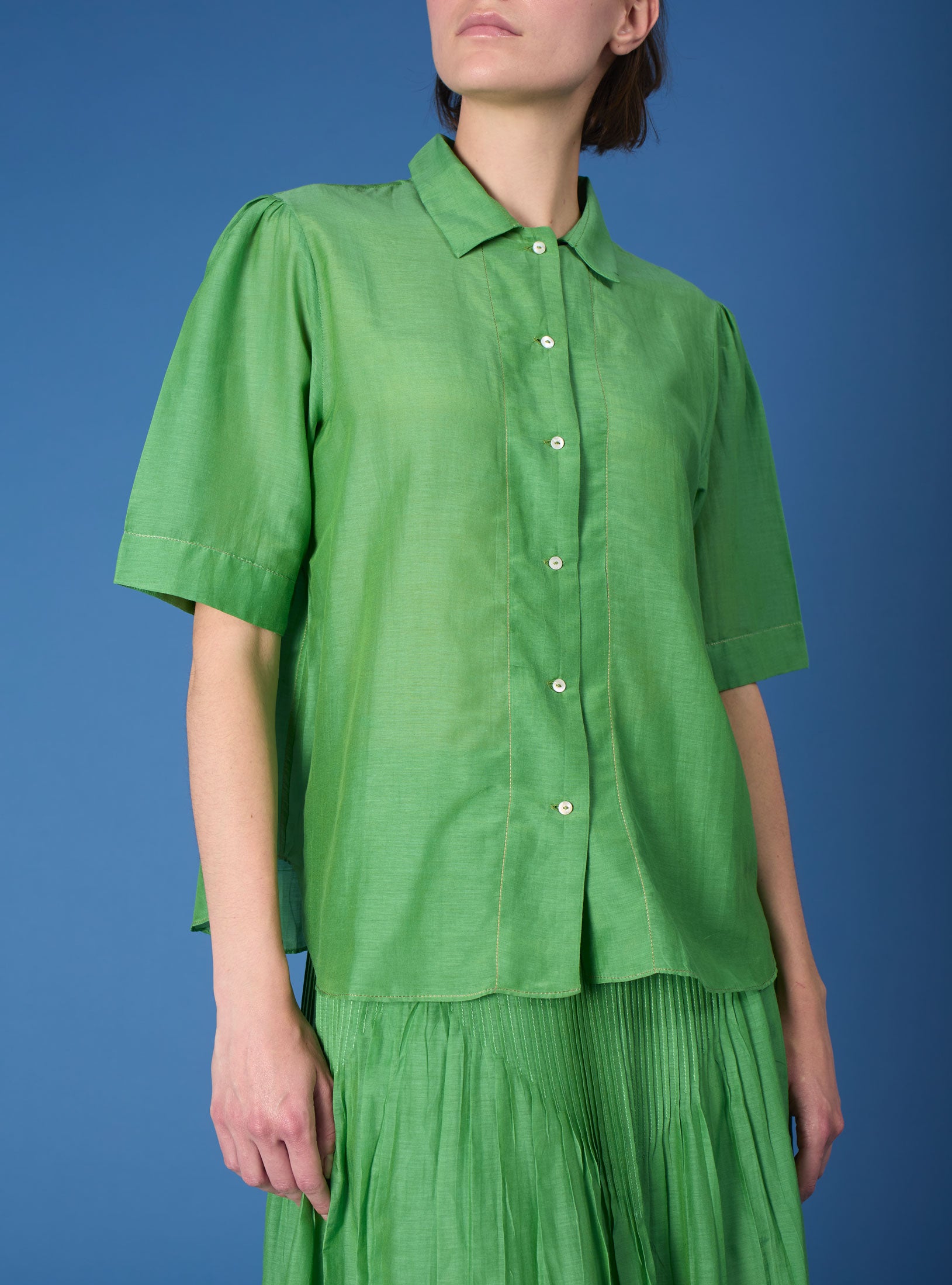 Front view of Betty Gipsy Embroidery Veridian Green Shirt by Thierry Colson 