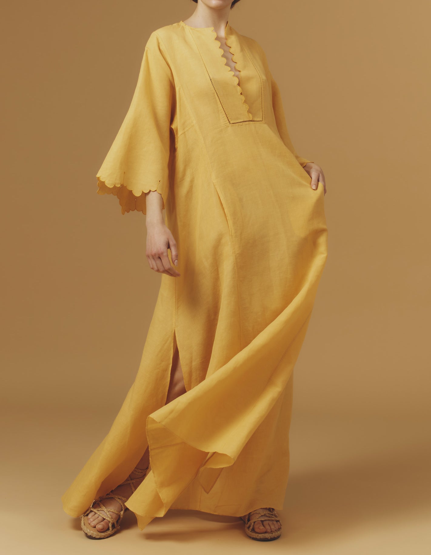 Front view Rachel Sunflower Long Kaftan by Thierry Colson - Barocco Scallops theme