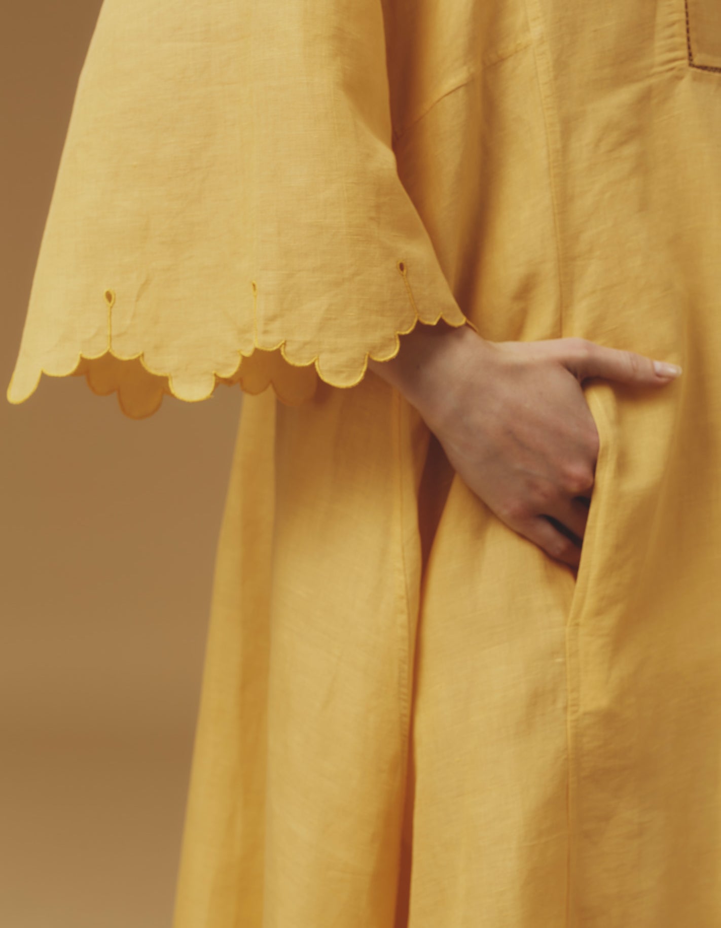 Close up sleeve view Rachel Sunflower Long Kaftan by Thierry Colson - Barocco Scallops theme
