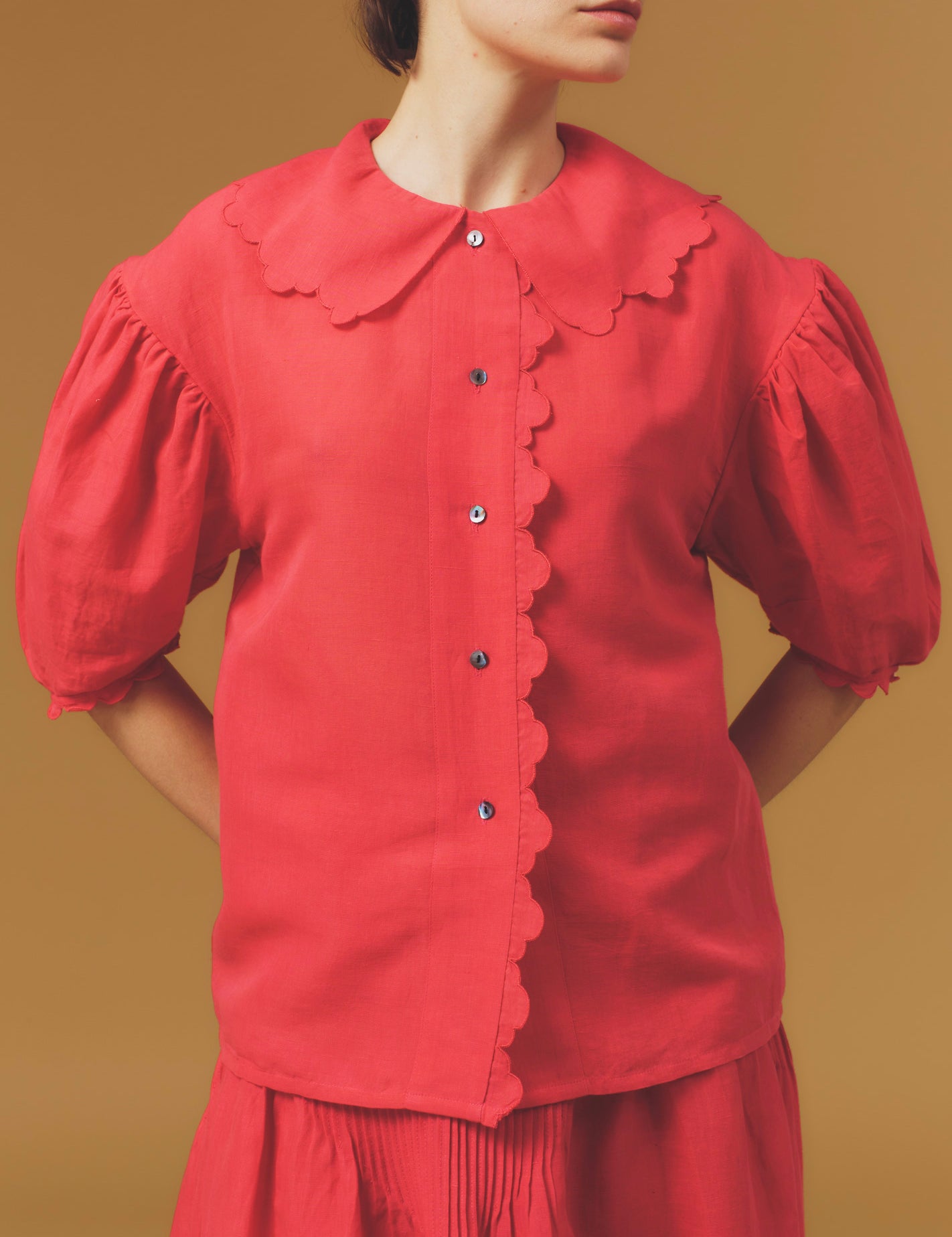 Front view of Vanina Barocco Scallops Rapsberry Blouse by Thierry Colson