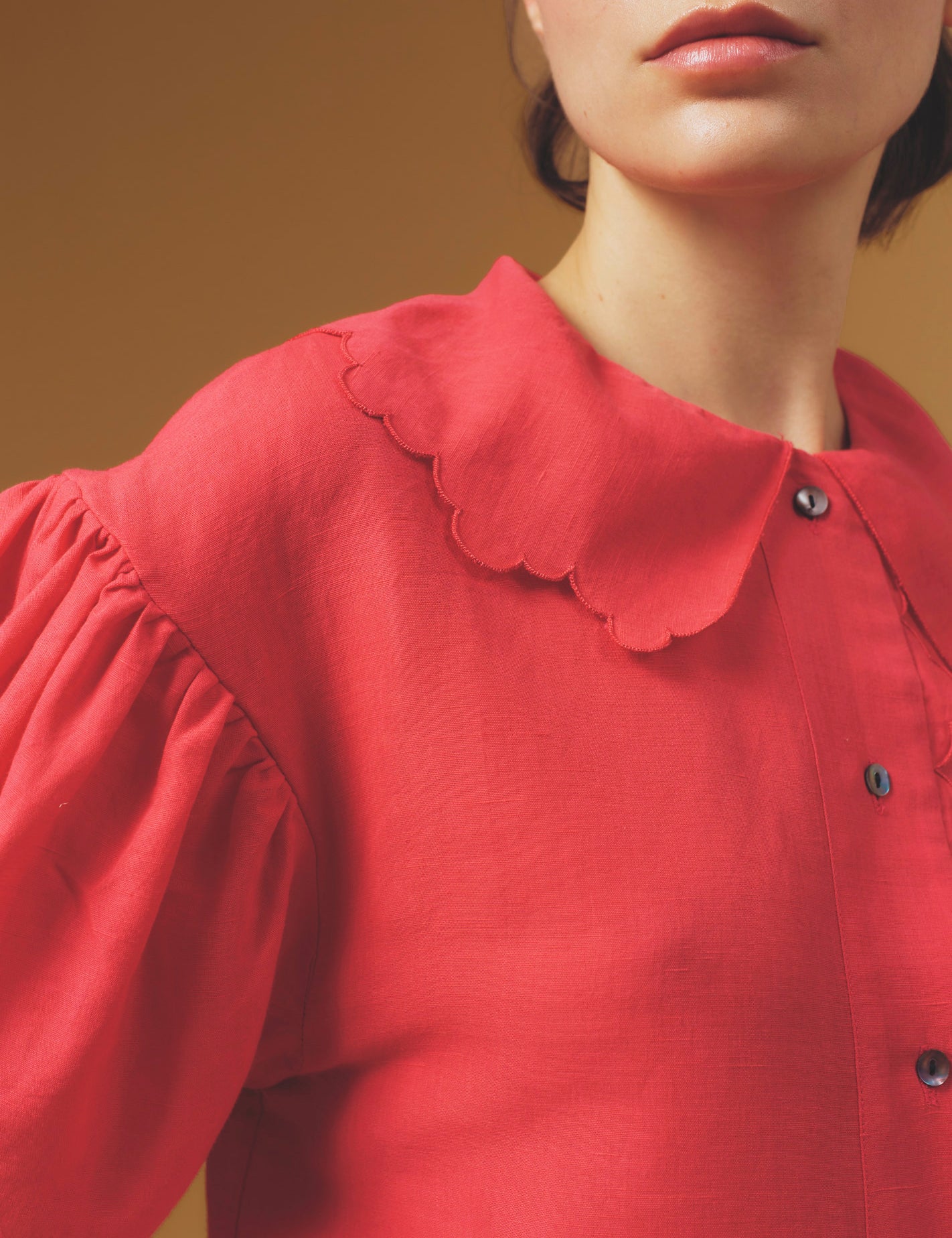 Collar detail of Vanina Barocco Scallops Rapsberry Blouse by Thierry Colson