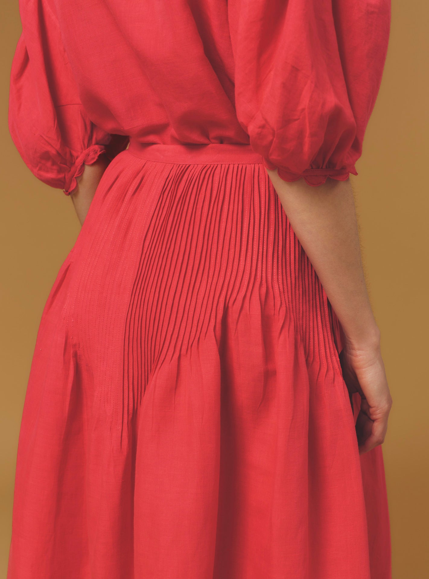 Detail Back view of Verde Barocco Scallops Raspberry Skirt by Thierry Colson