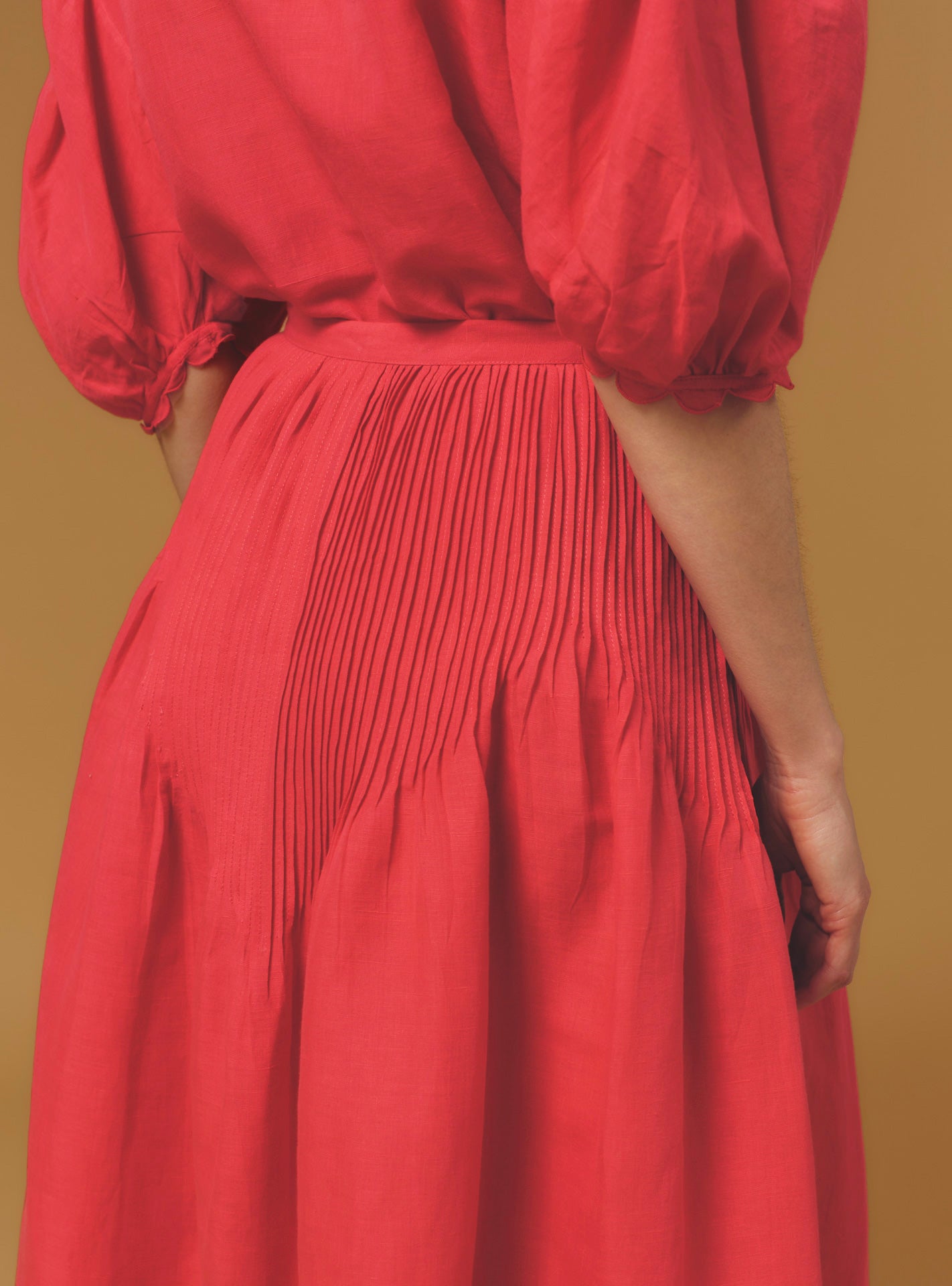 Detail Back view of Verde Barocco Scallops Raspberry Skirt by Thierry Colson
