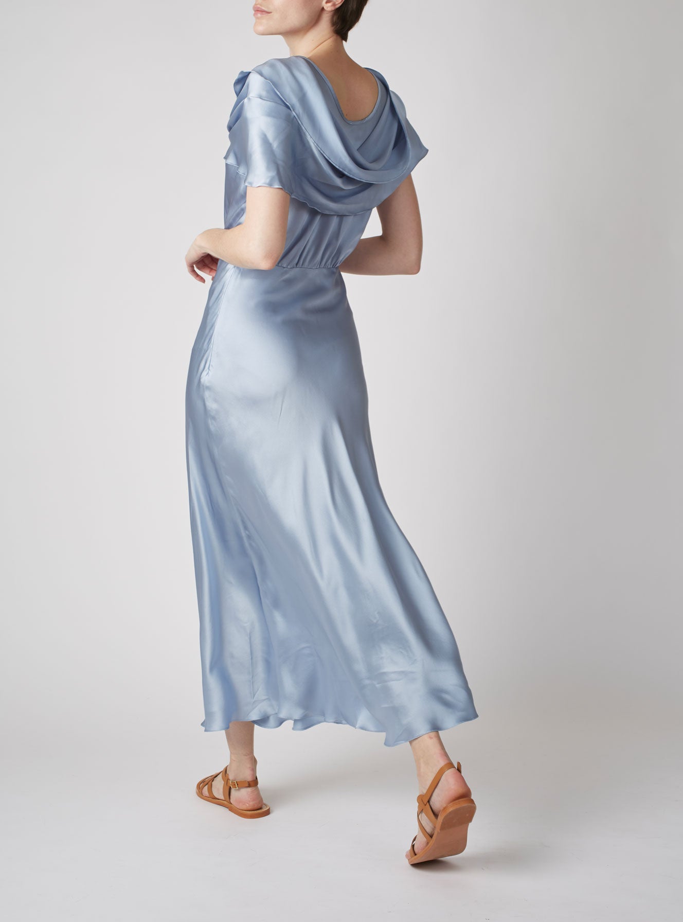 Back view of Whitney Silver Blue Silk Dress by Thierry Colson
