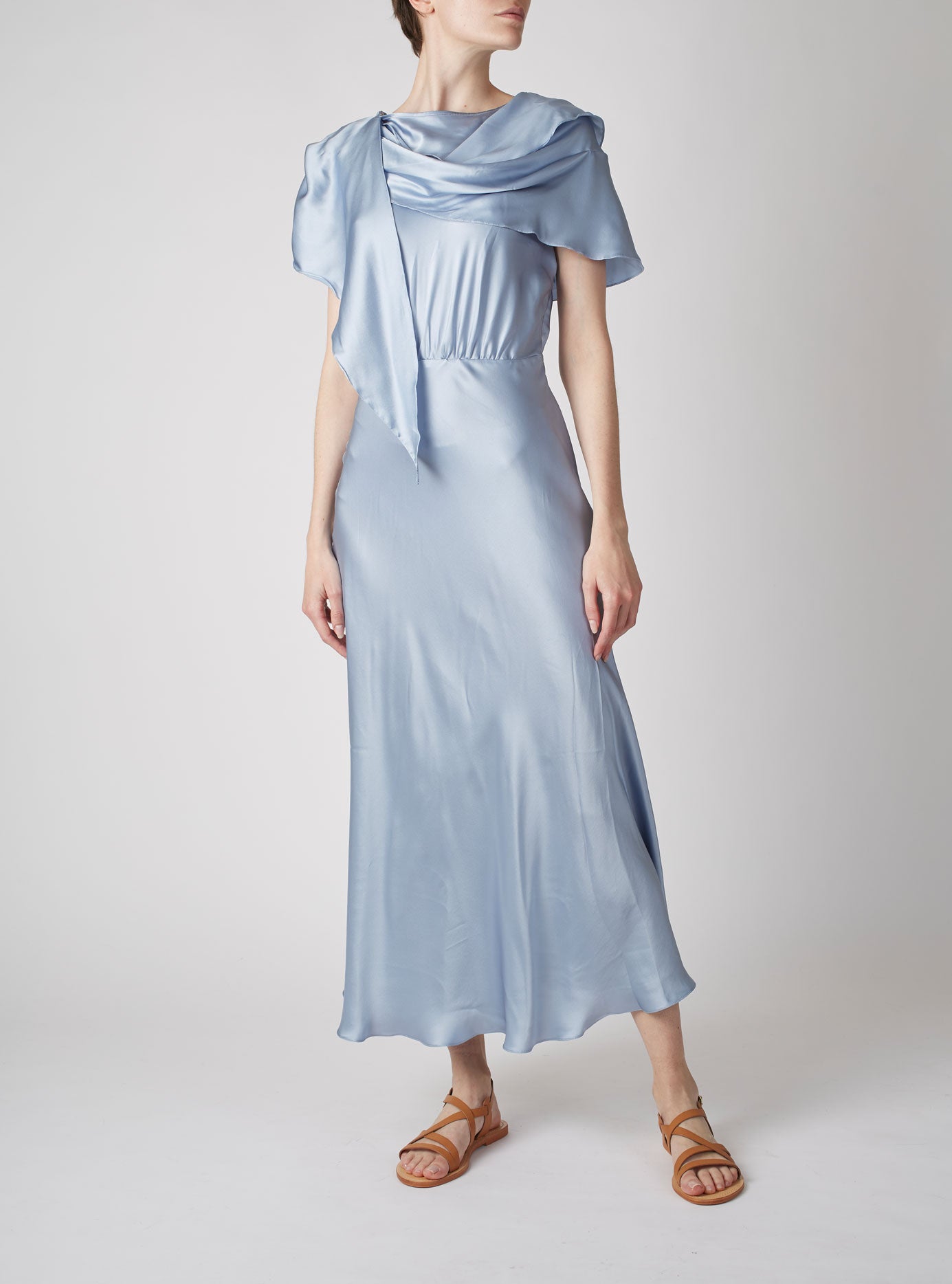 Front view of Whitney Silver Blue Silk Dress by Thierry Colson
