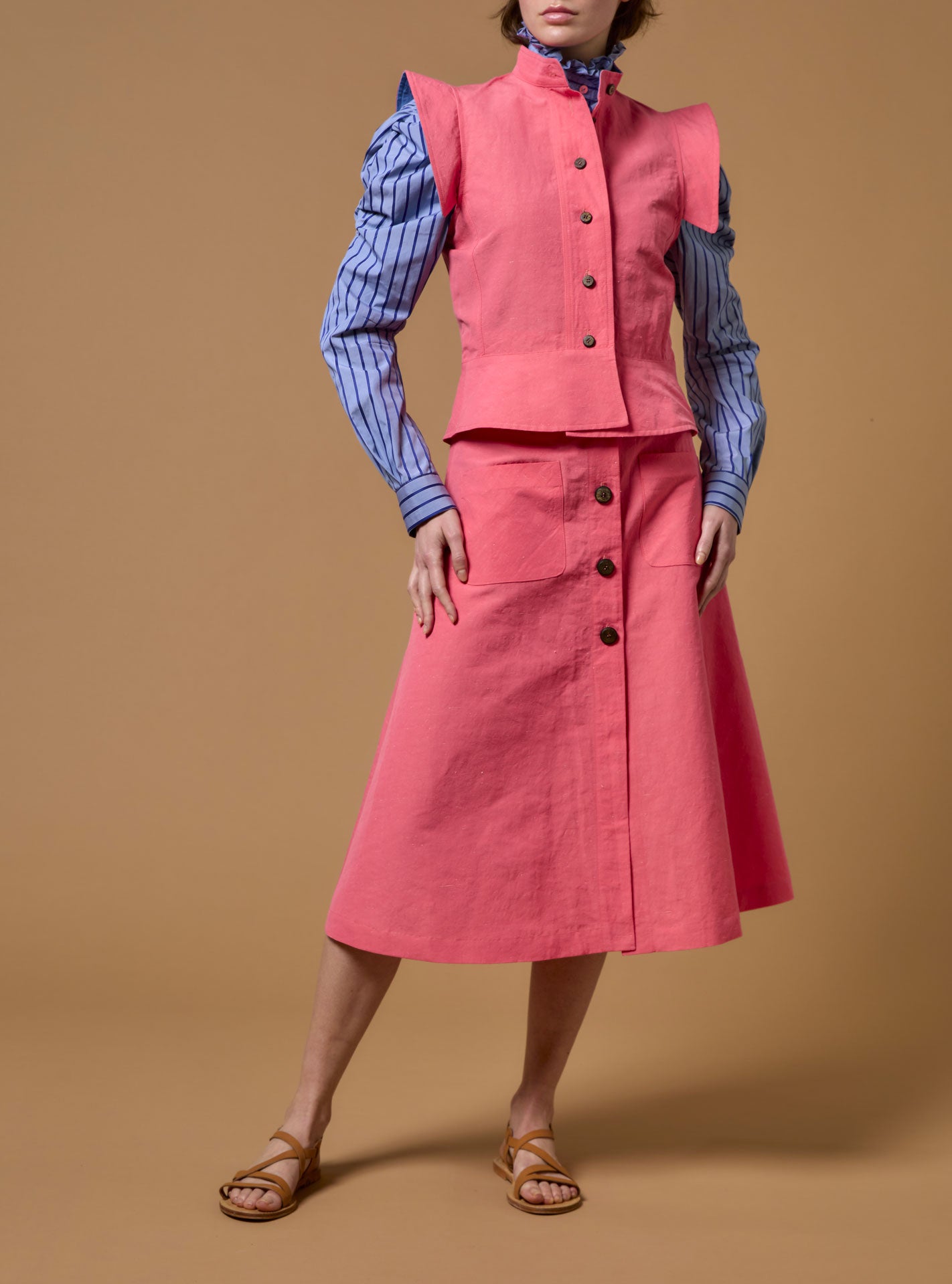 Large view of Yael The Gentle Gardener Bubblegum lining Bluet Jacket with a Yardley skirt by Thierry Colson