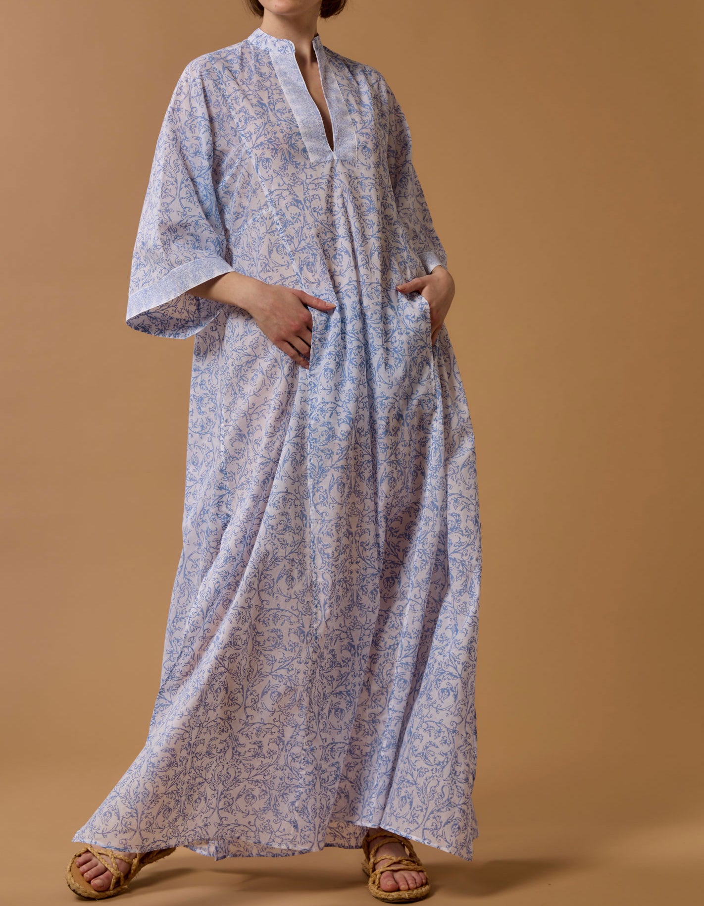 Front view of Rachel Baby Lavender long Kaftan by Thierry Colson