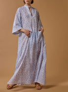 Front view of Rachel Baby Lavender long Kaftan by Thierry Colson