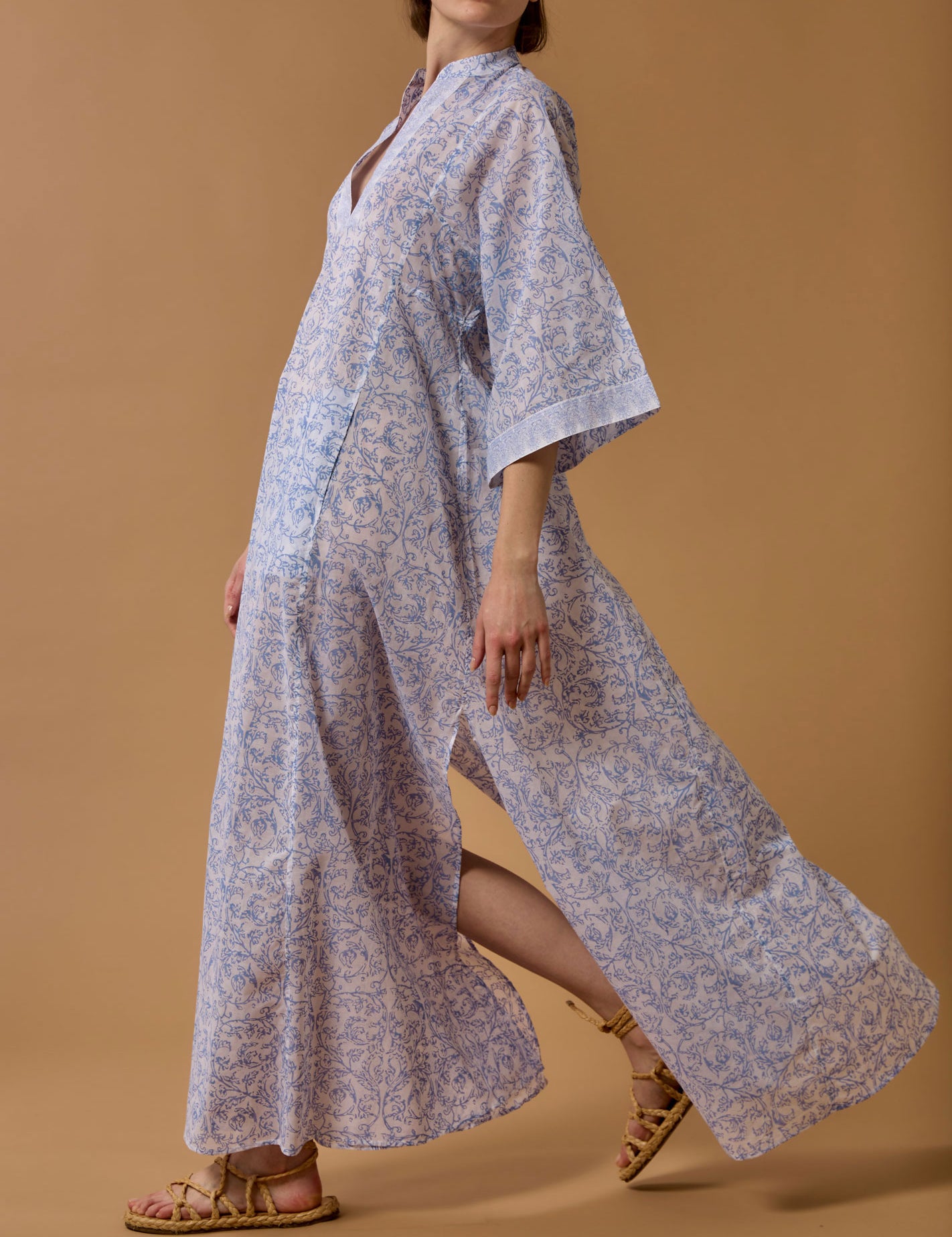 Side view of Rachel Baby Lavender long Kaftan by Thierry Colson