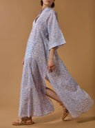 Side view of Rachel Baby Lavender long Kaftan by Thierry Colson
