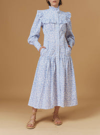 Zelda long dress stand collar - Evora Print - Baby Lavender