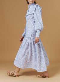 Zelda long dress stand collar - Evora Print - Baby Lavender