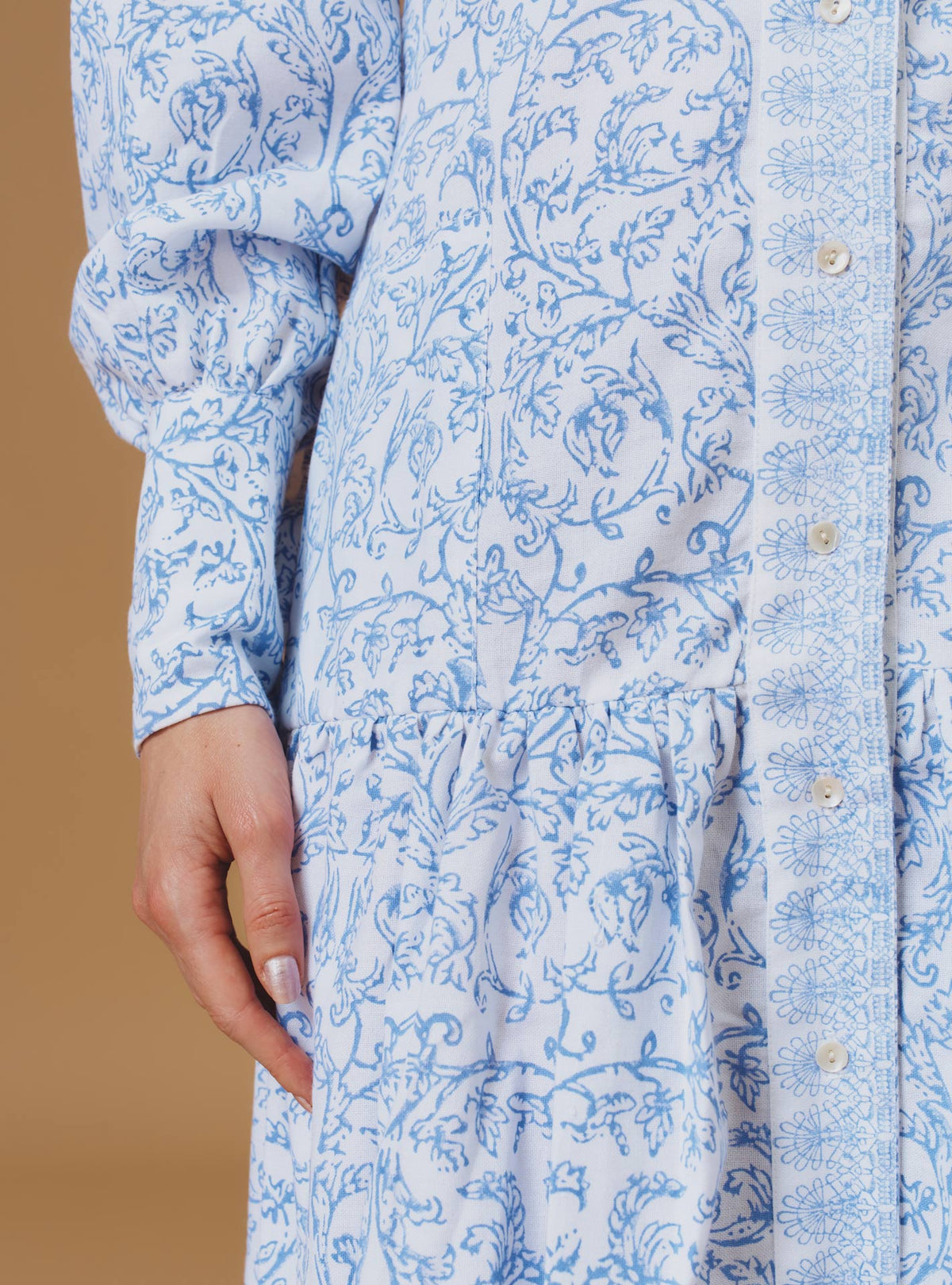 Zelda long dress stand collar - Evora Print - Baby Lavender