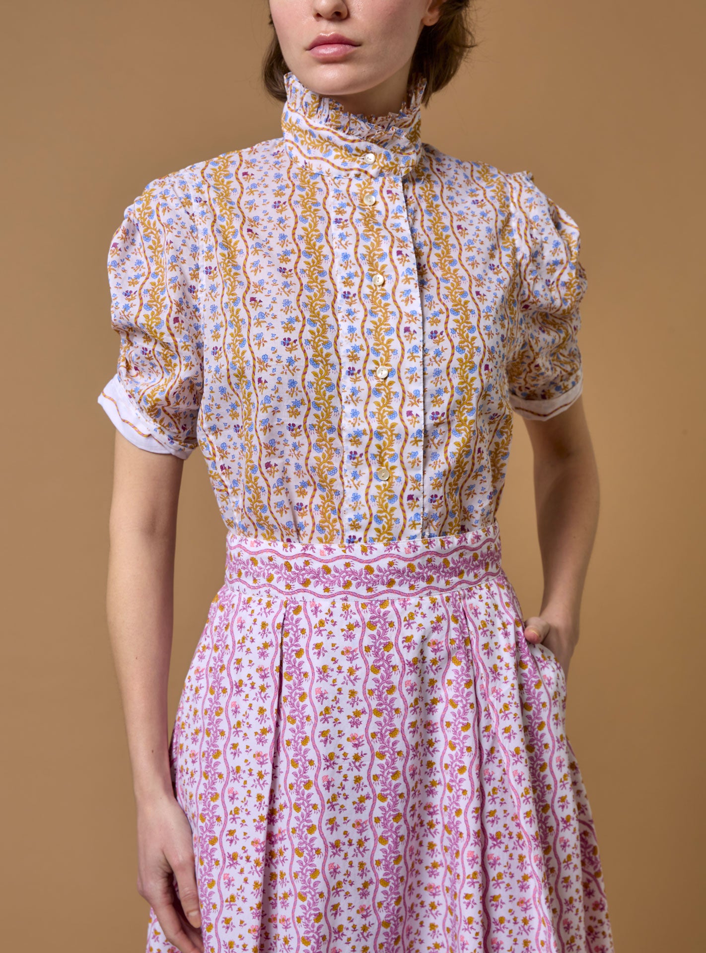 Vita Liselund Print Mustard / Bluebell Blouse by Thierry Colson
