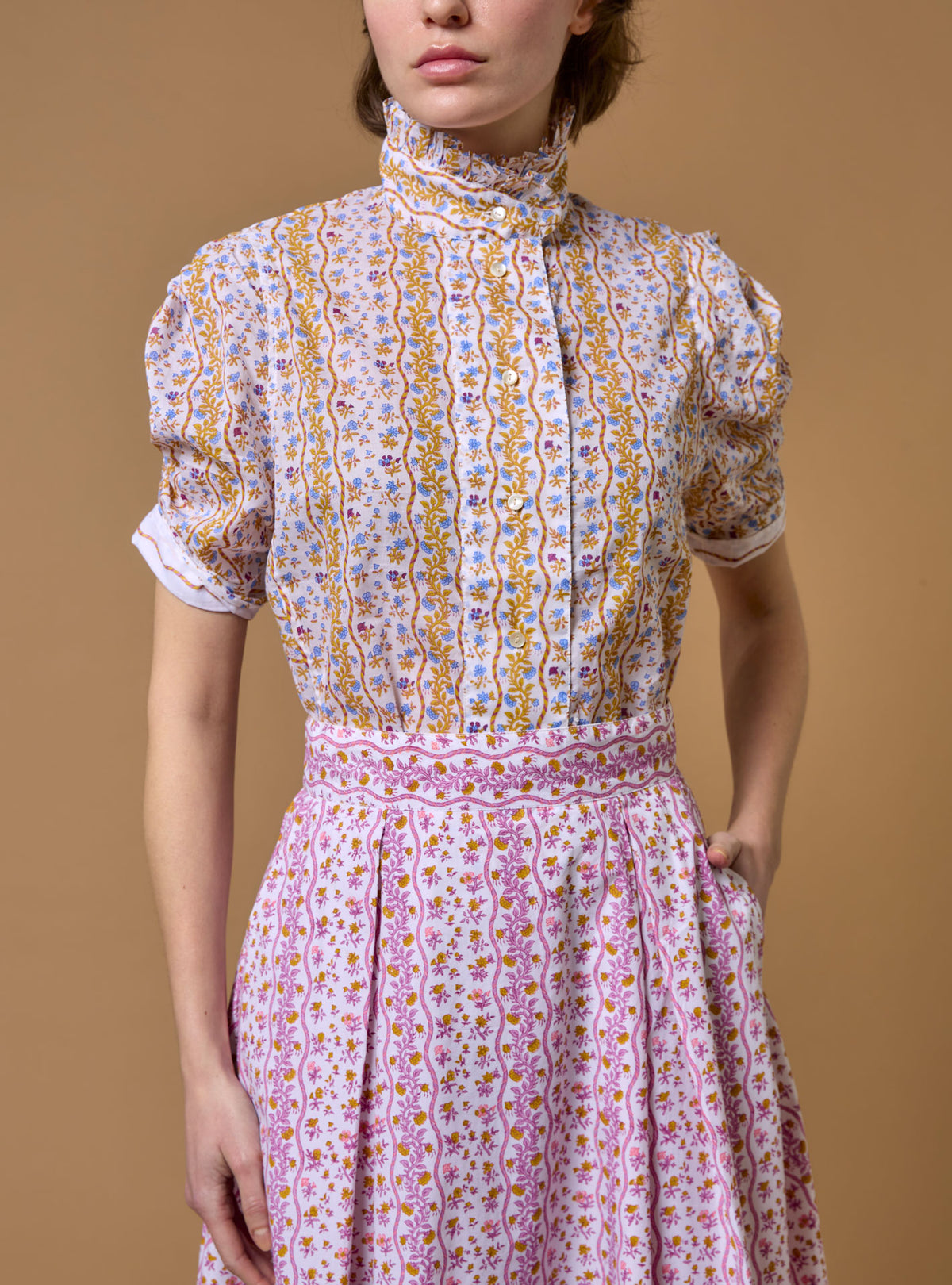 Vita Liselund Print Mustard / Bluebell Blouse by Thierry Colson
