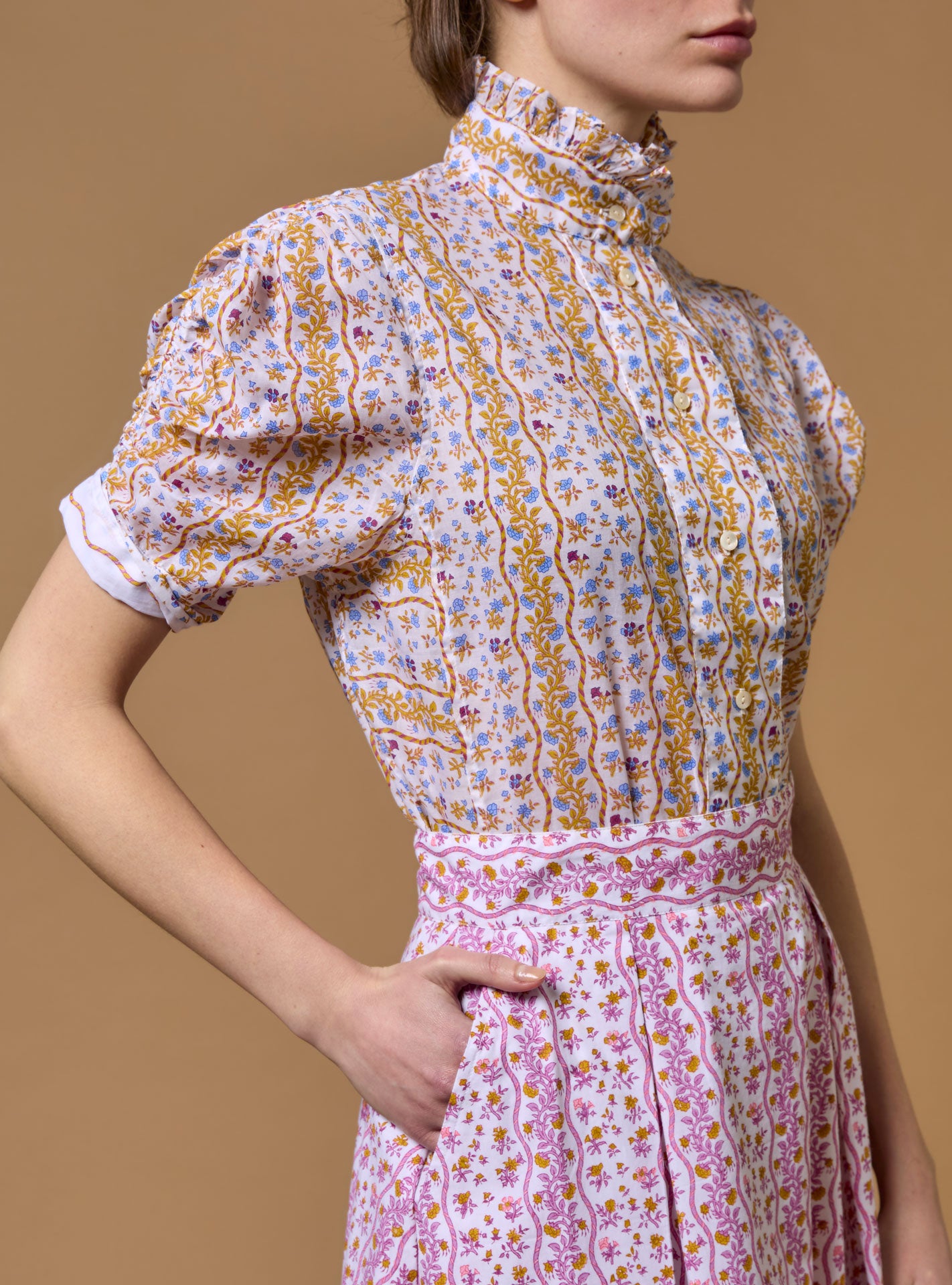 Side view of Vita Liselund Print Mustard / Bluebell Blouse by Thierry Colson