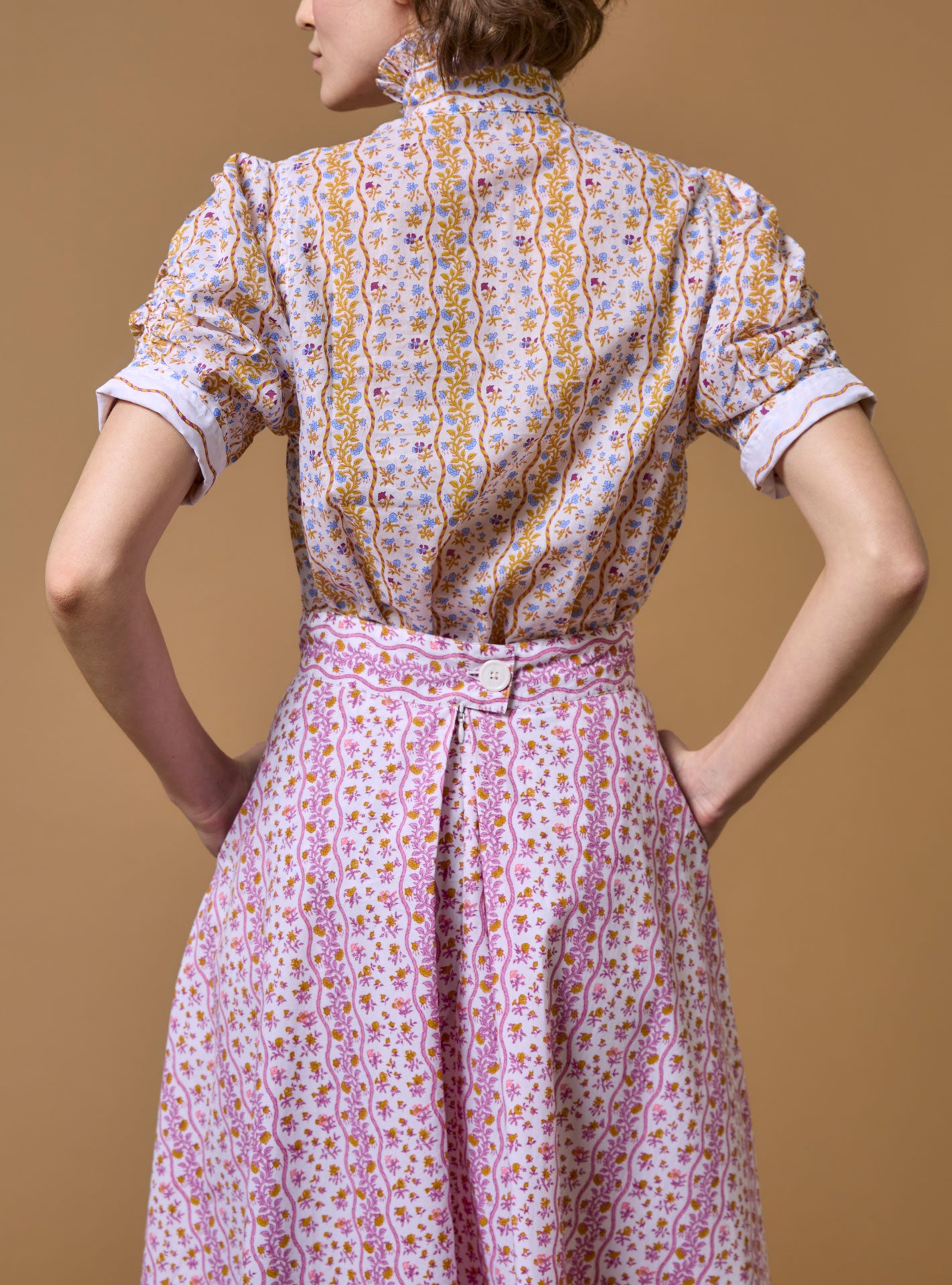Back view of Vita Liselund Print Mustard / Bluebell Blouse by Thierry Colson