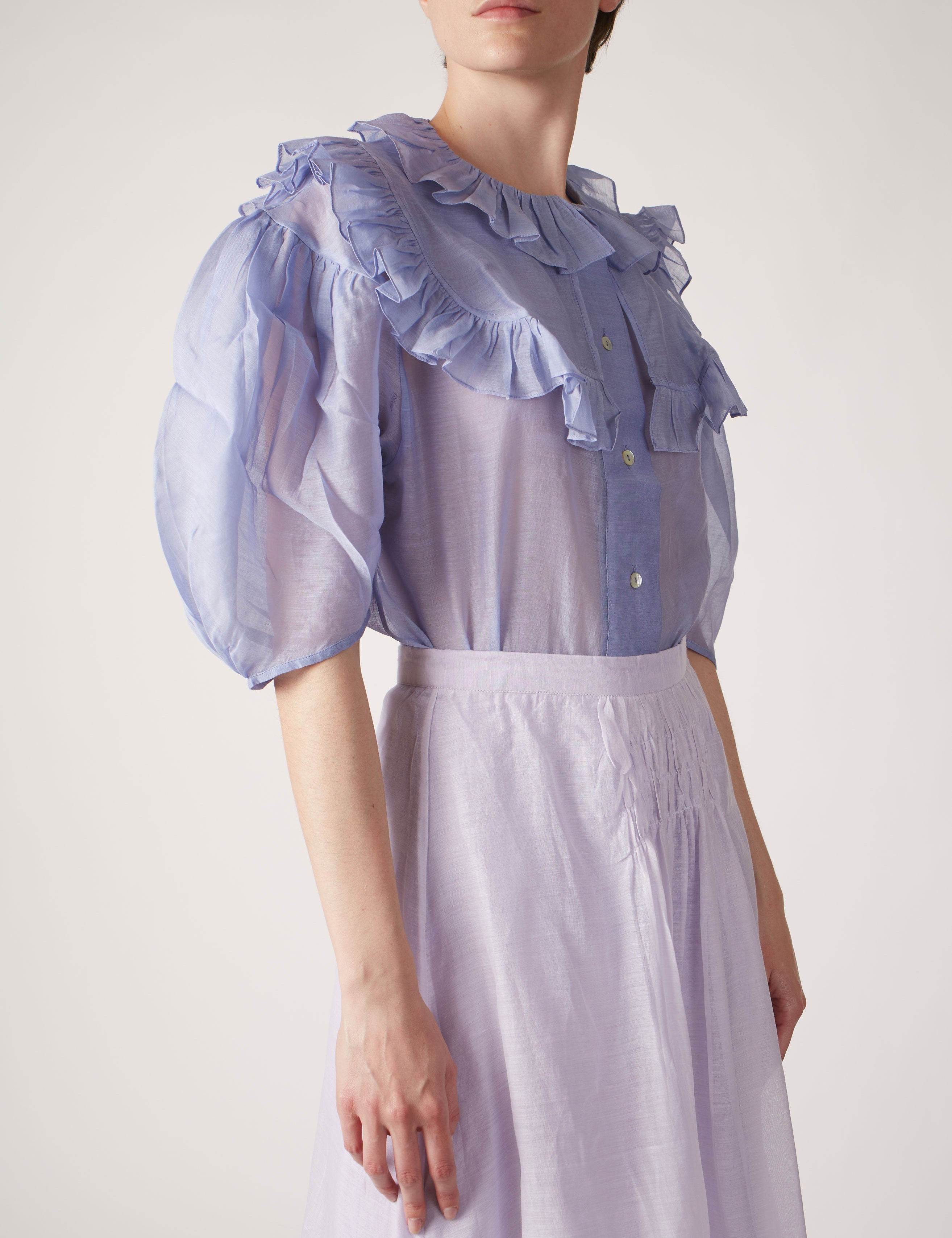 Side view of Vanina  Rose Petals Lavander Blouse by Thierry Colson
