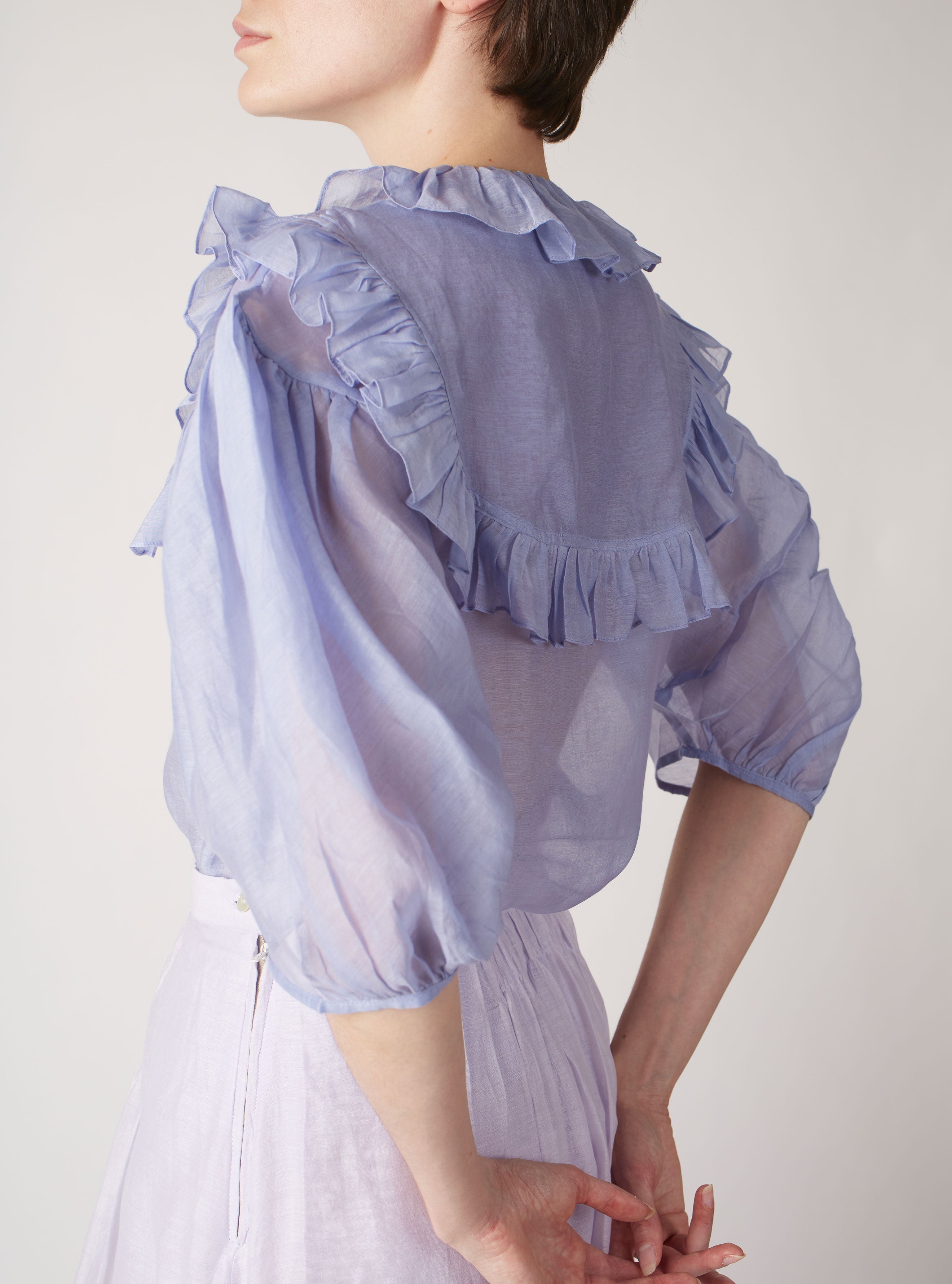 Side Back view of Vanina  Rose Petals Lavander Blouse by Thierry Colson