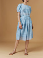 Large view of Zafar Optical Pleats Heaven Blue Skirt with Olympia top by Thierry Colson