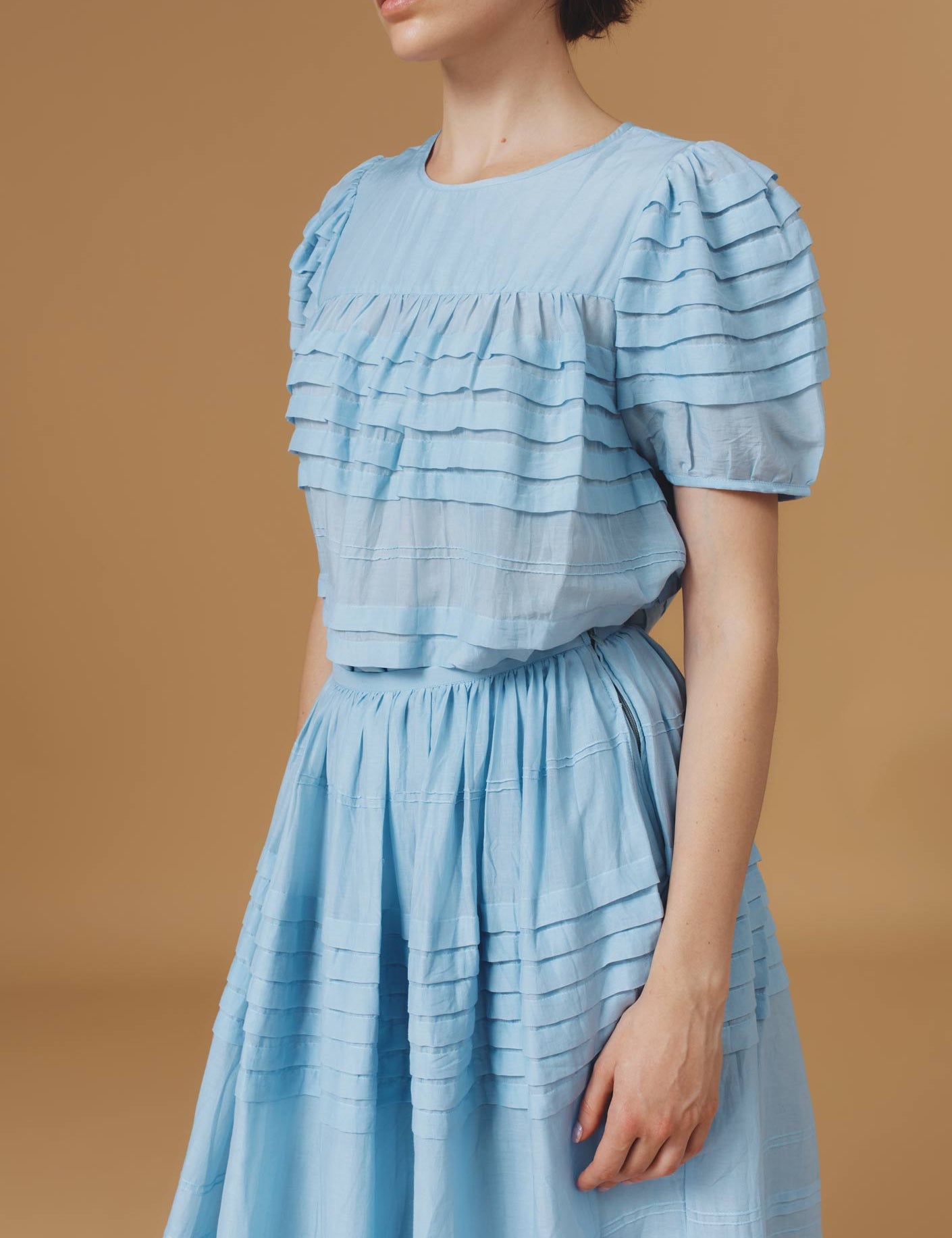 Close Up Side View - Olympia Heaven Blue Top - Optical Pleats - Thierry Colson