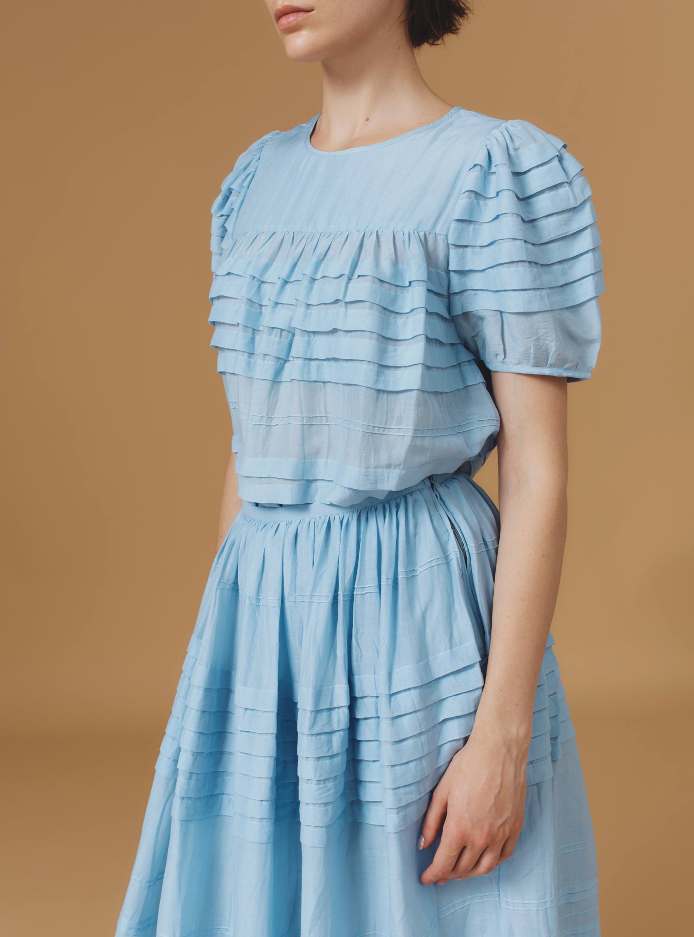 Close Up Side View - Olympia Heaven Blue Top - Optical Pleats - Thierry Colson