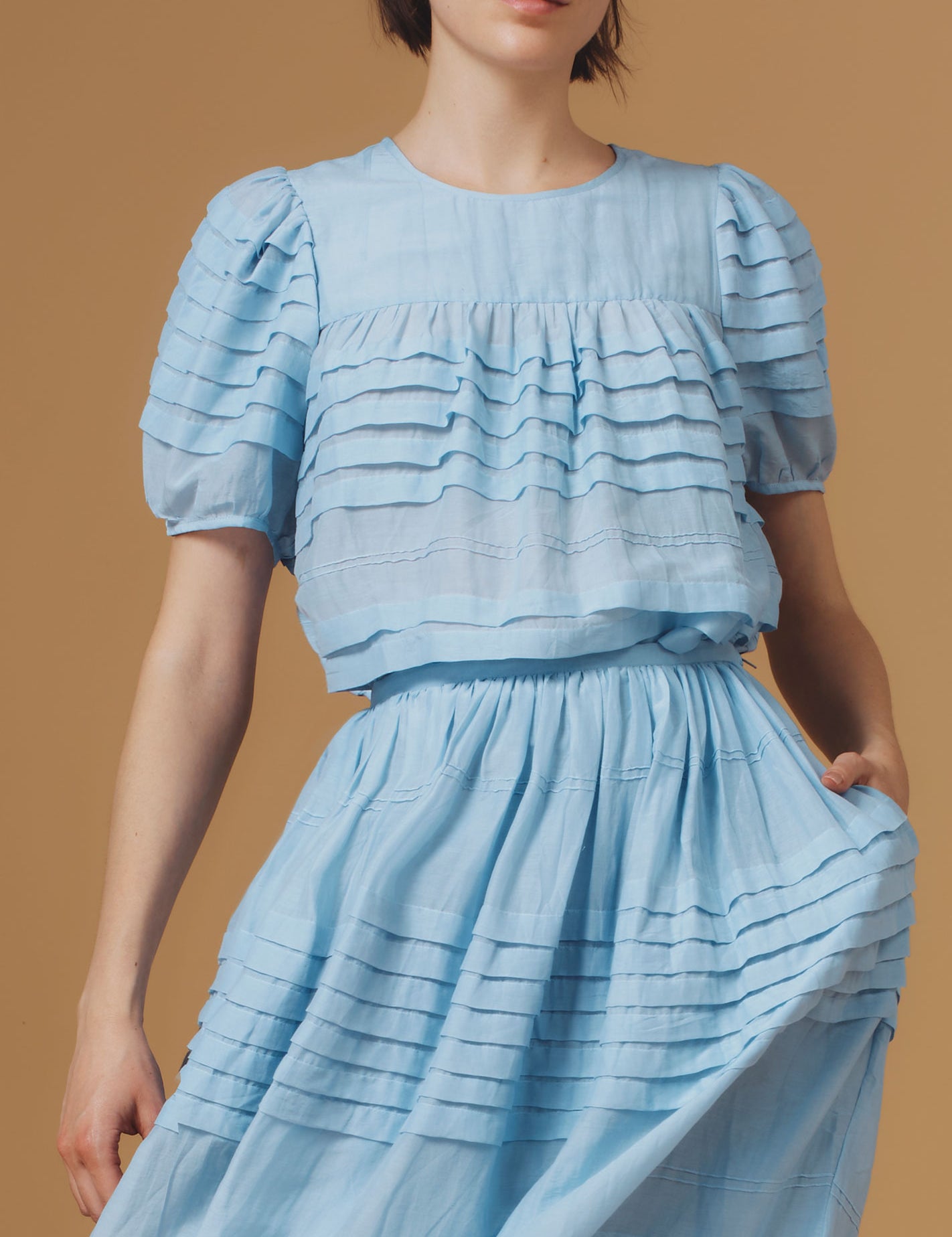 Close Up Front View Olympia Heaven Blue Top - Optical Pleats - Thierry Colson