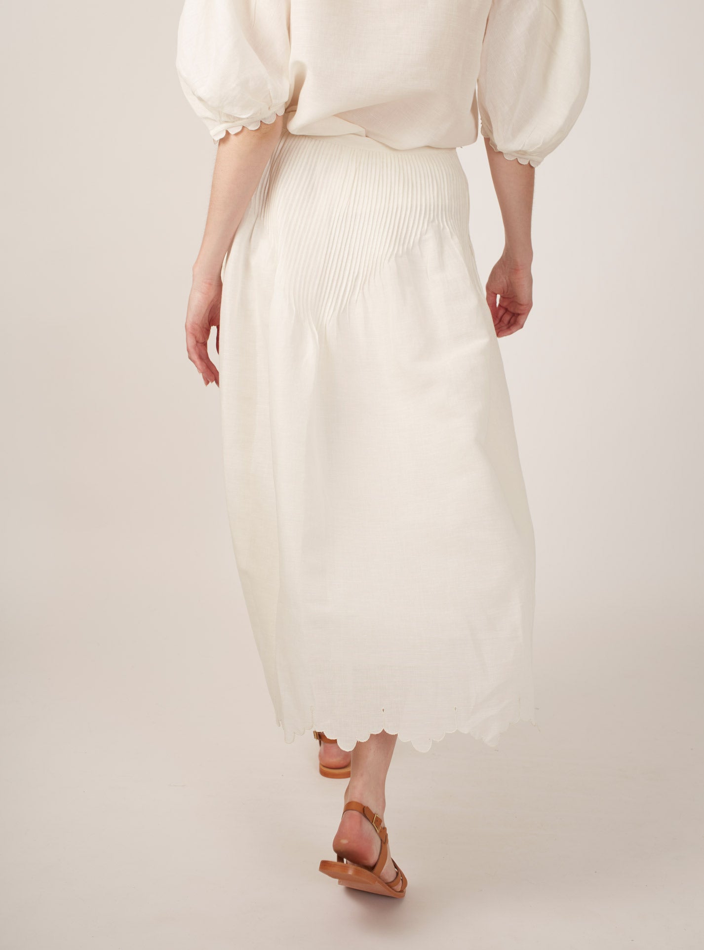 Back view of Verde Barocco Scallops Off White Skirt by Thierry Colson