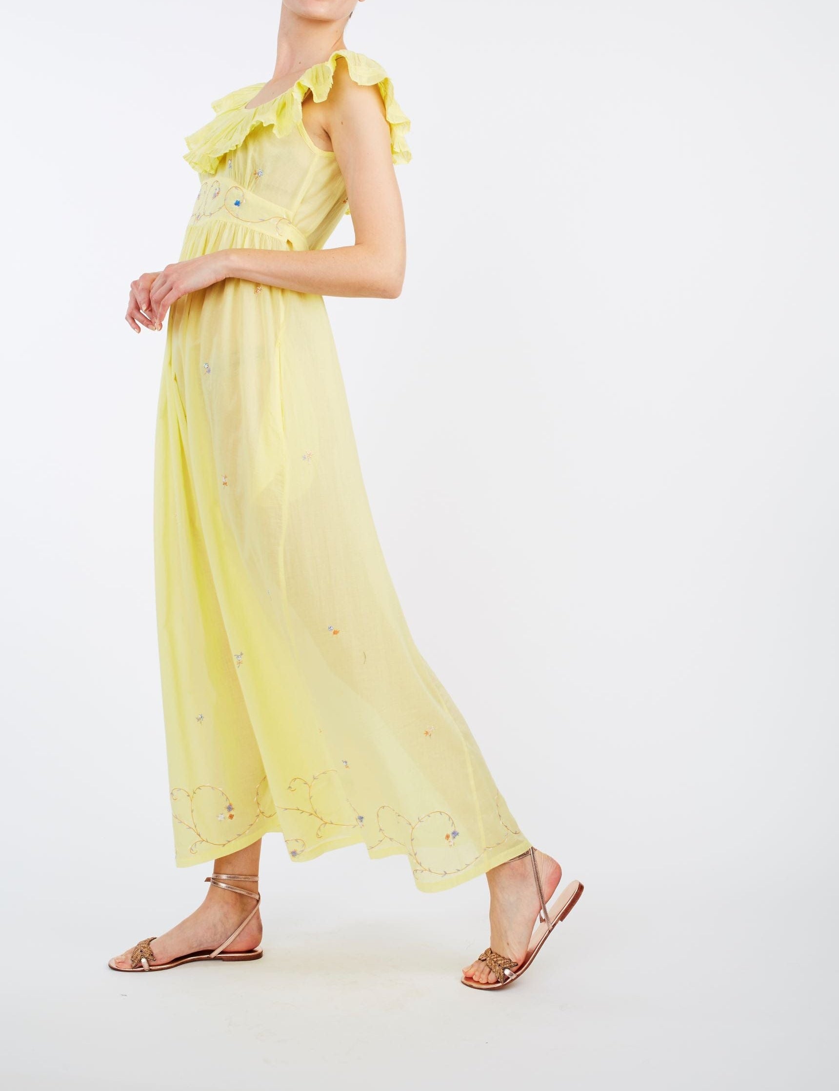 Side view of Milos Sweet Lemon Long Dress - Thierry Colson