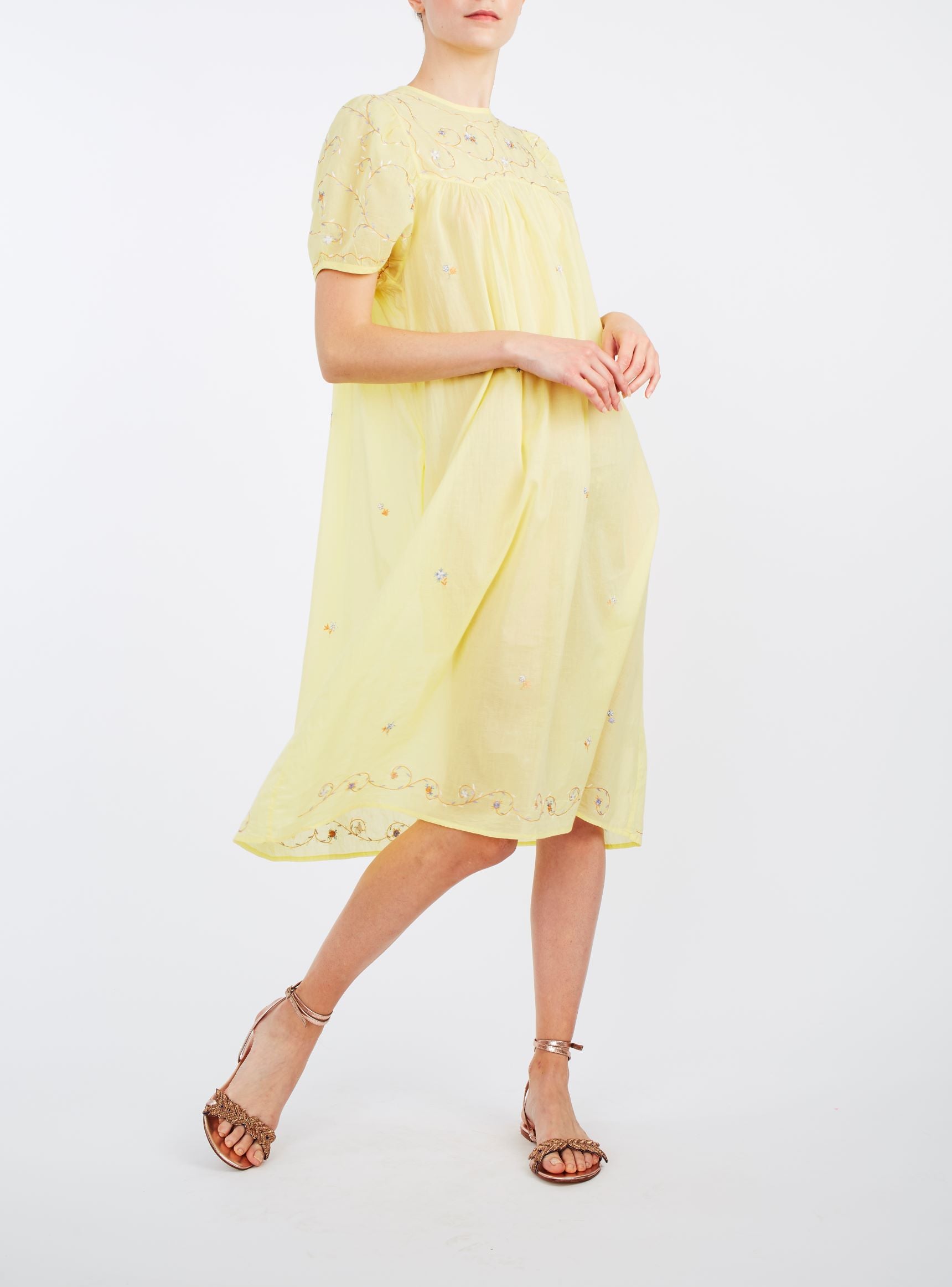 Side view of Olympia Sweet Lemon cotton Dress by Thierry Colson