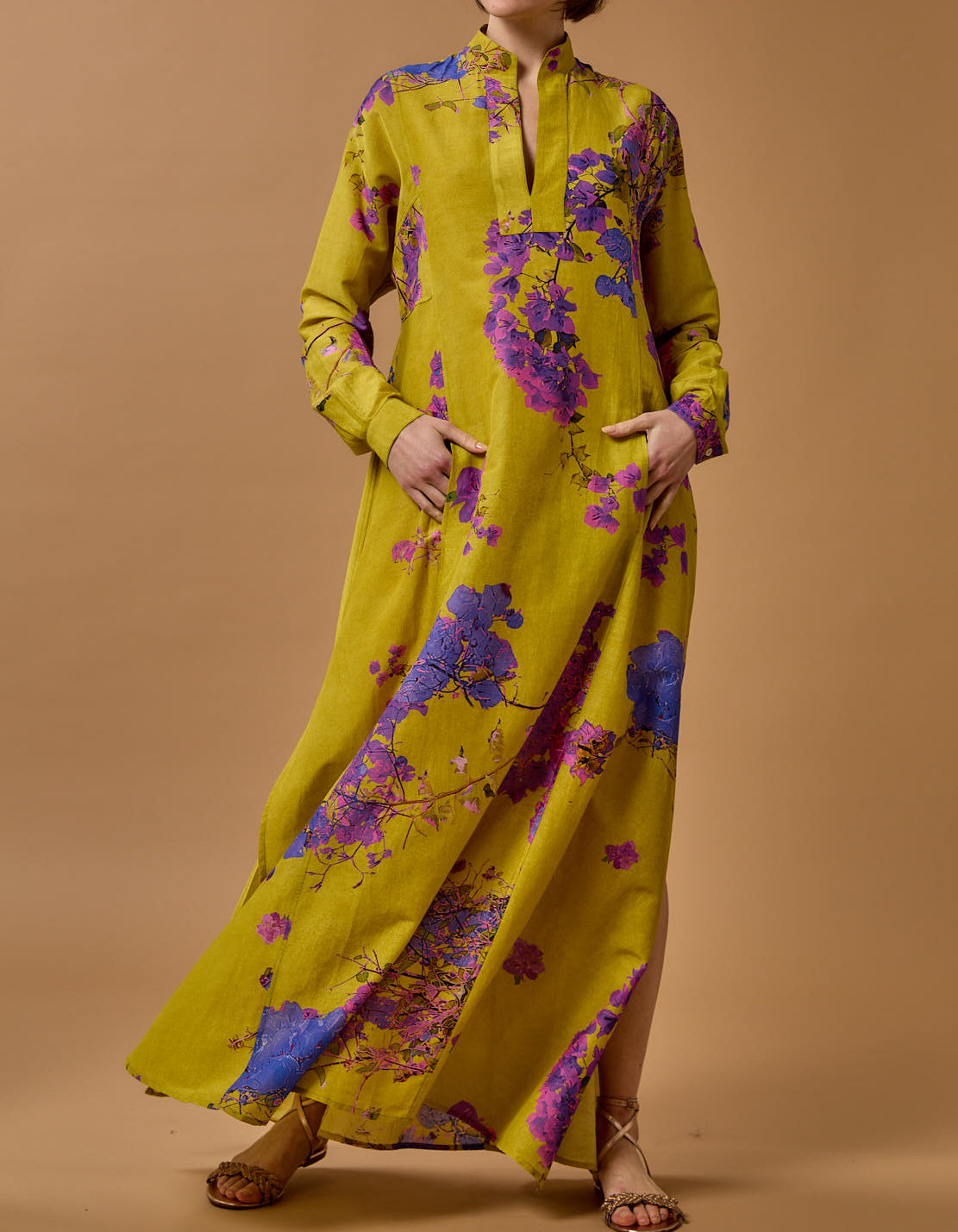 Front view of Parvati Chartreuse Purple long Kaftan by Thierry Colson