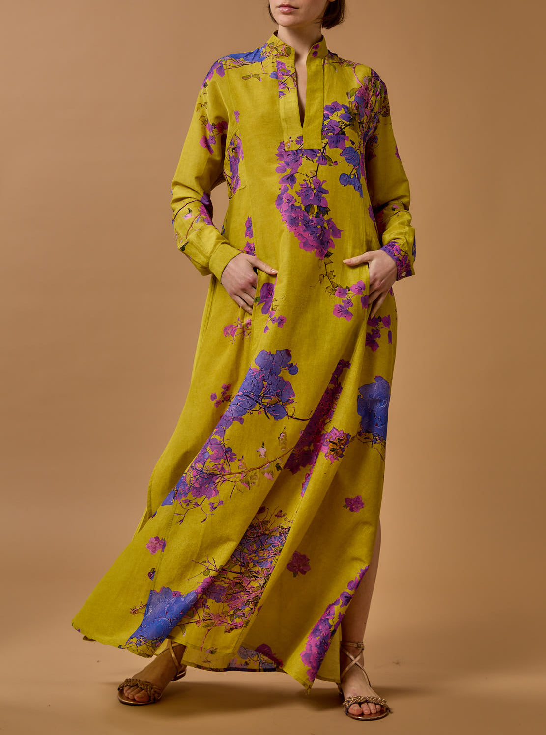 Front view of Parvati Chartreuse Purple long Kaftan by Thierry Colson